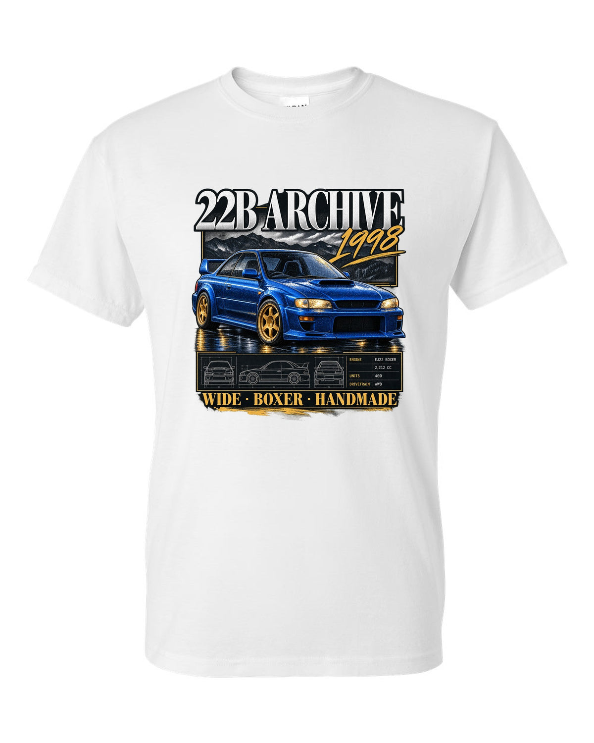 Archive panel print of a Subaru Impreza 22B STi GC8 with 400 built lettering white t-shirt front view with the design