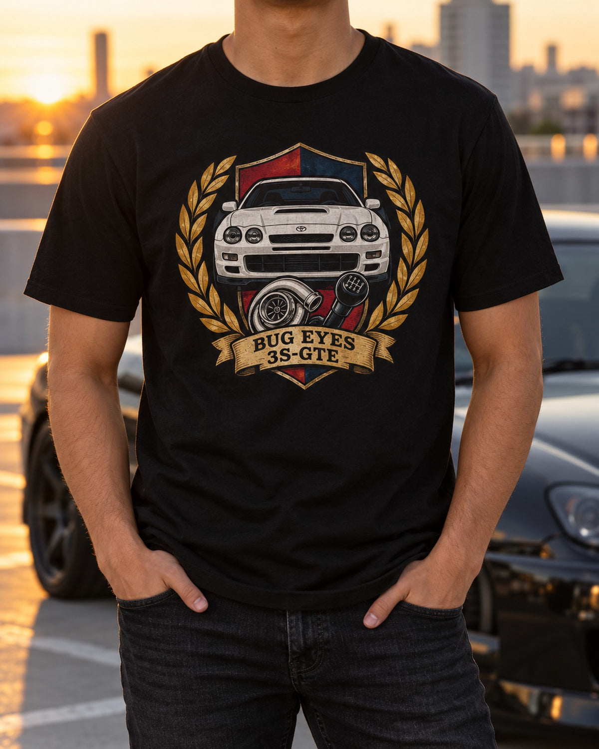 ST205 Celica GT-Four 3S-GTE Rally Crest Shirt, Bug Eyes T-Shirt Black worn hero