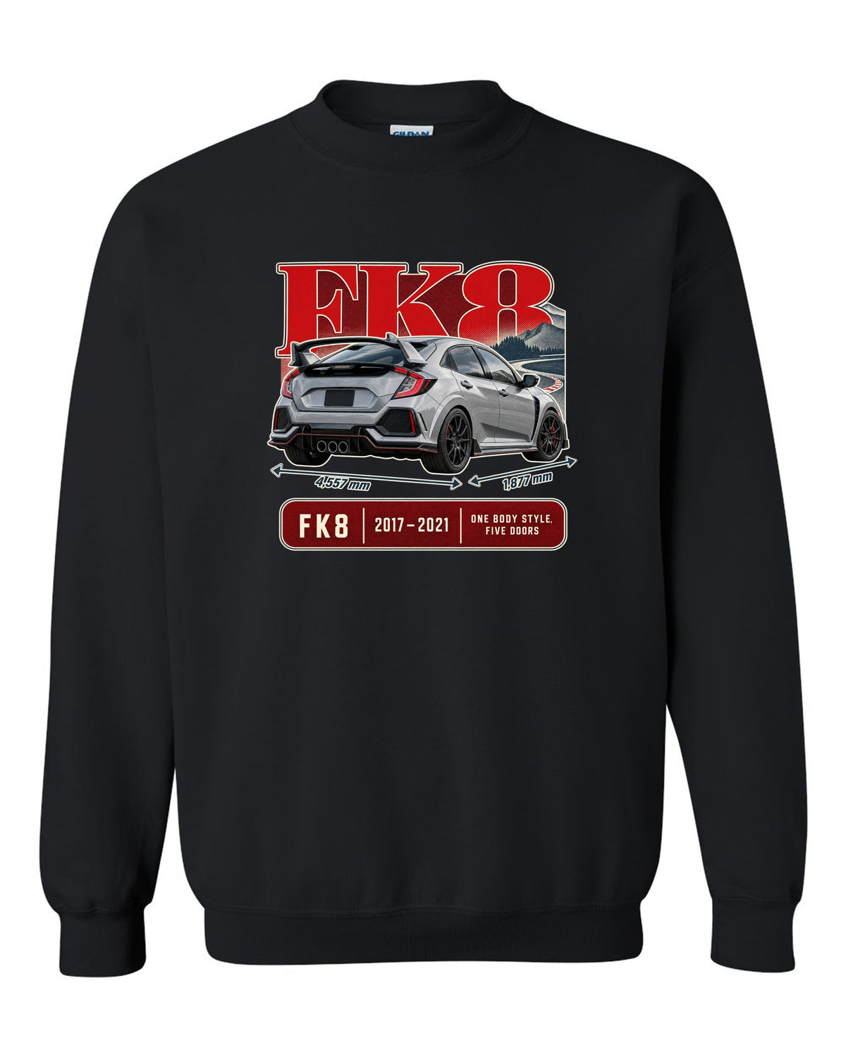 print archive panel of a silver-grey Honda Civic Type R FK8 black crewneck front view with the design