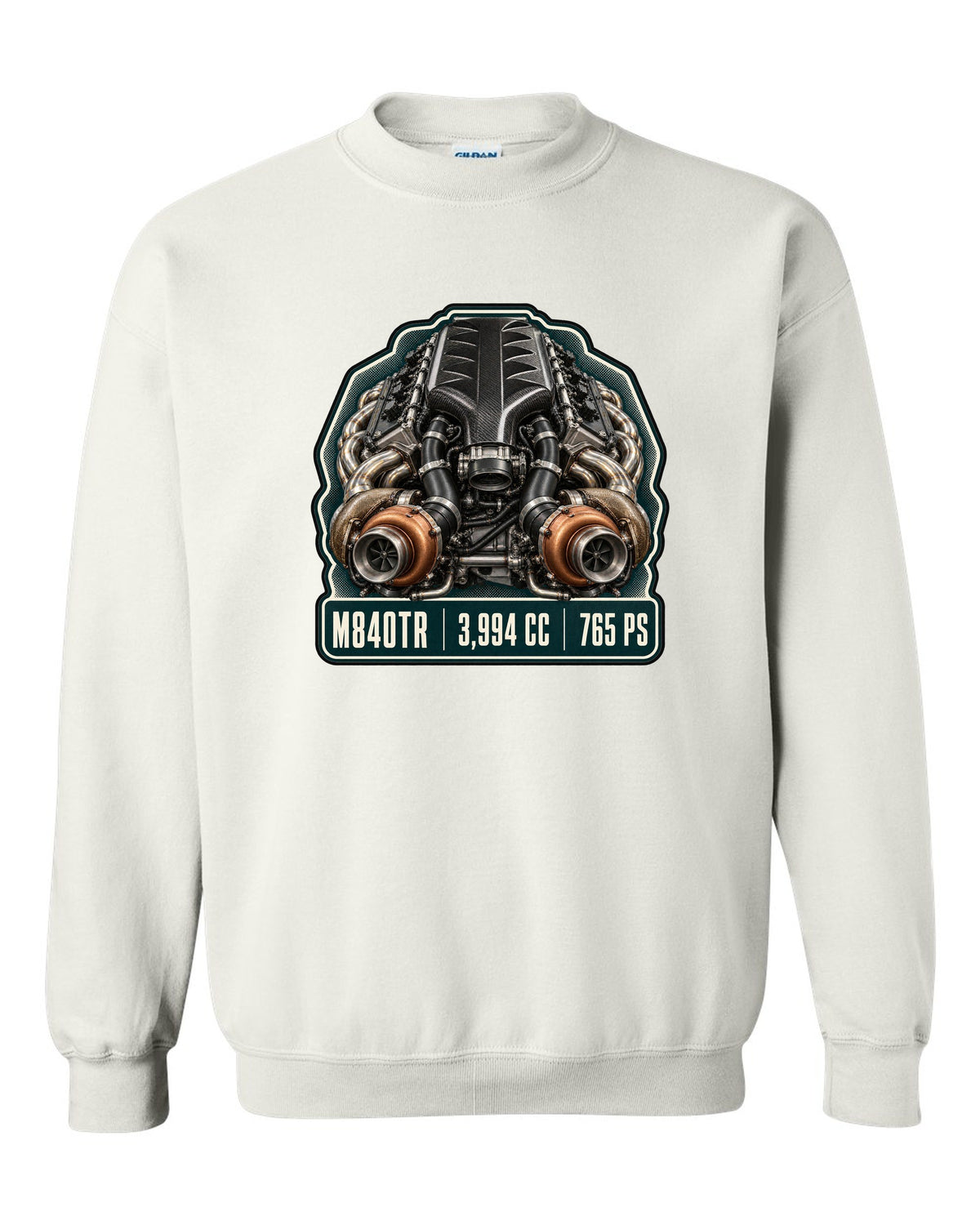 Engine hero print of the McLaren 765LT M840TR V8 white crewneck front view with the design