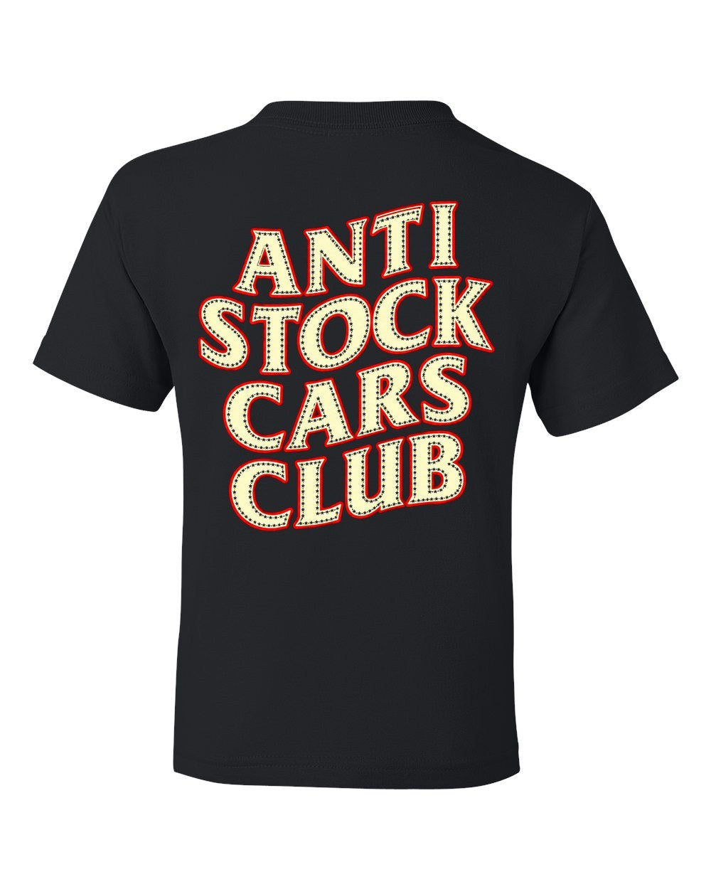 Anti Stock Cars Club Varsity College Kids Tee Black back