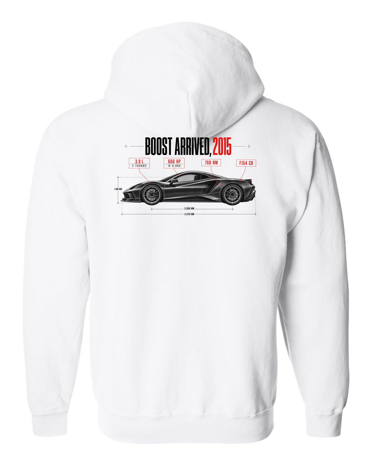 Spec poster print of a Ferrari 488 GTB F154 CB with Boost Arrived 2015, 3.9 L, 660 hp, 760 Nm white zip hoodie back view with the design