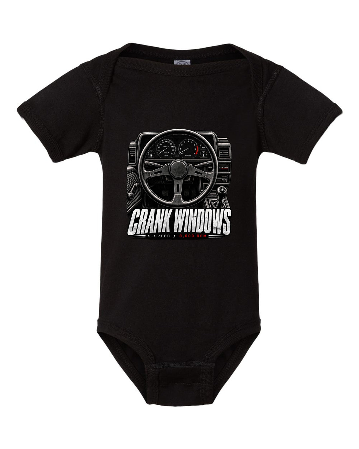 print of a Toyota AE86 interior cockpit with gauges and crank window lettering black baby onesie front view with the design