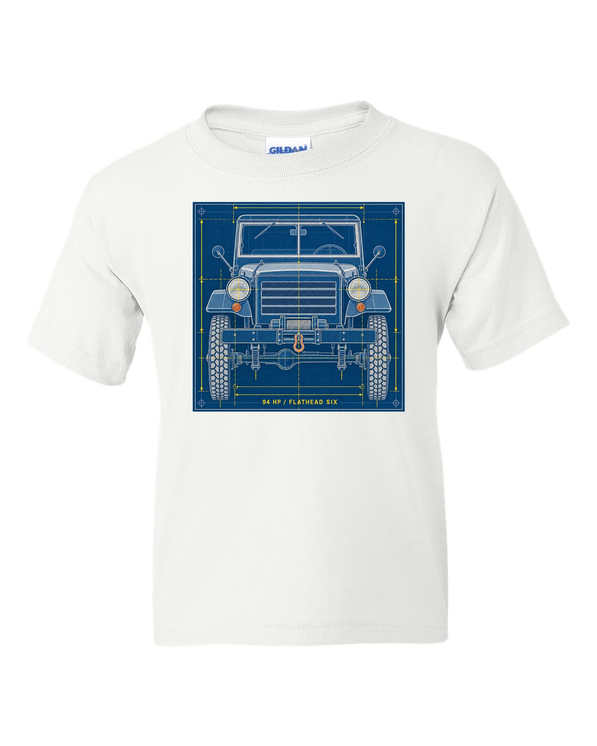 Cyanotype negative-style print of a Dodge Power Wagon WM300 grille with 94 HP flathead six text white kids tee front view with the design