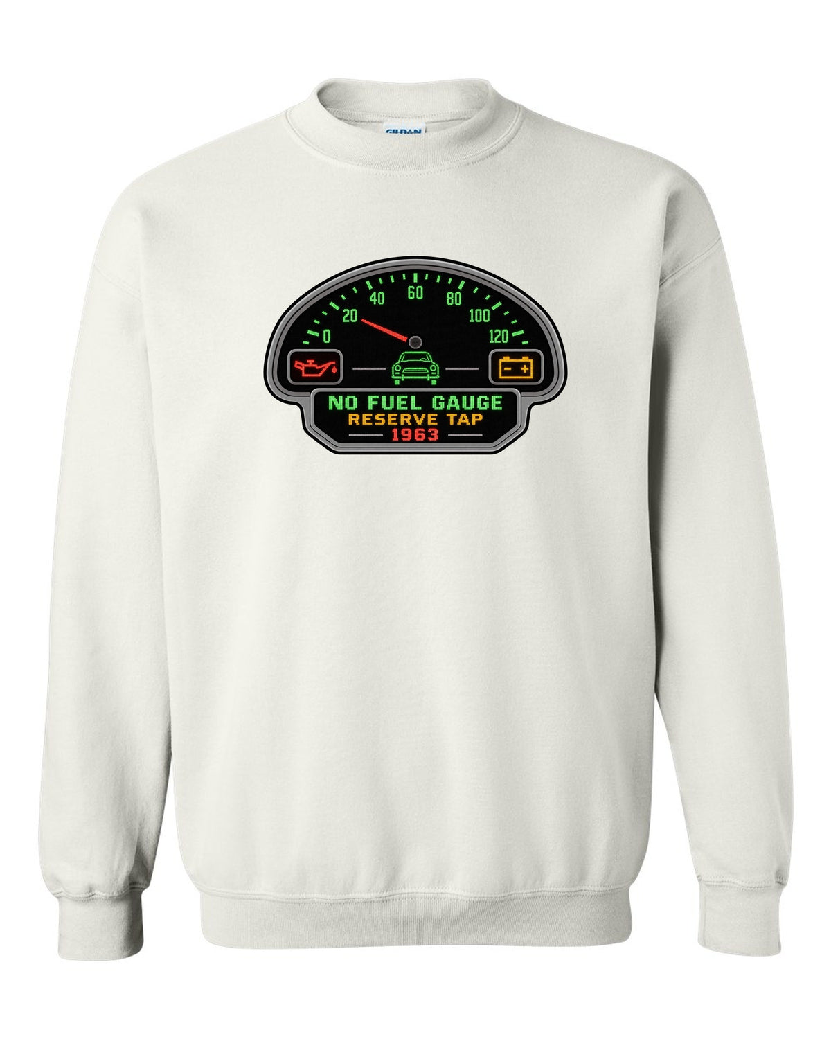Pixel LED segmented display print of a 1963 VW Beetle Type 1 dashboard with fuel gauge joke white crewneck front view with the design