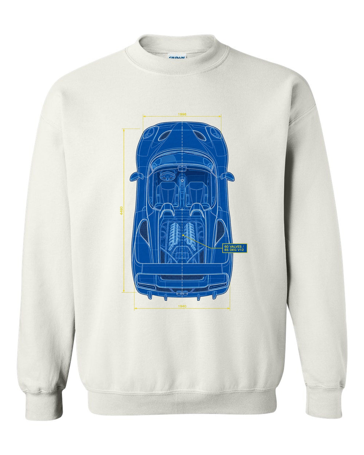Top-down plan blueprint print of a 1995 Ferrari F50 F130 with 60 valves and 65 degree V12 text white crewneck front view with the design