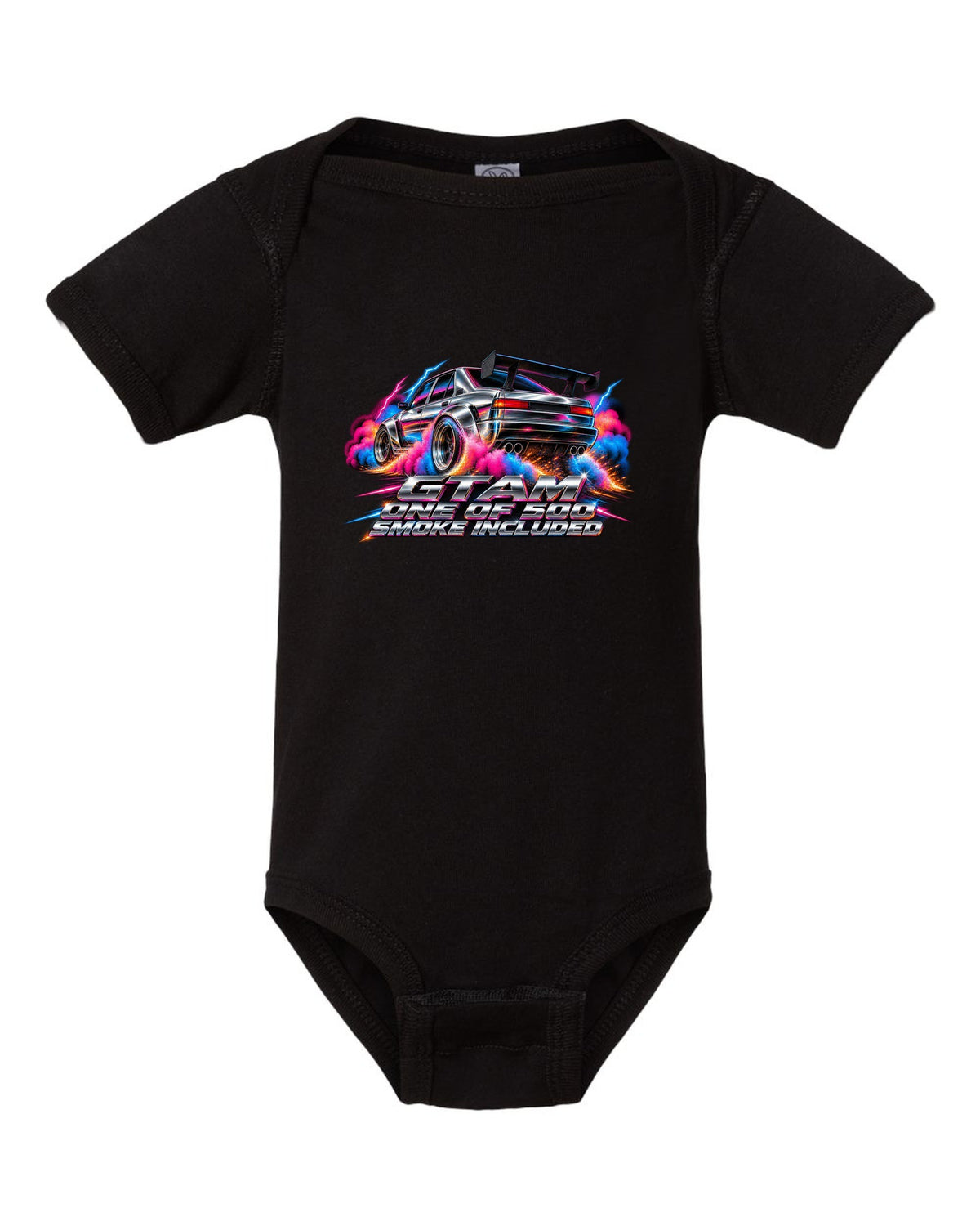 80s airbrush chrome style Alfa Romeo Giulia GTAm with one of 500 smoke included text black baby onesie front view with the design
