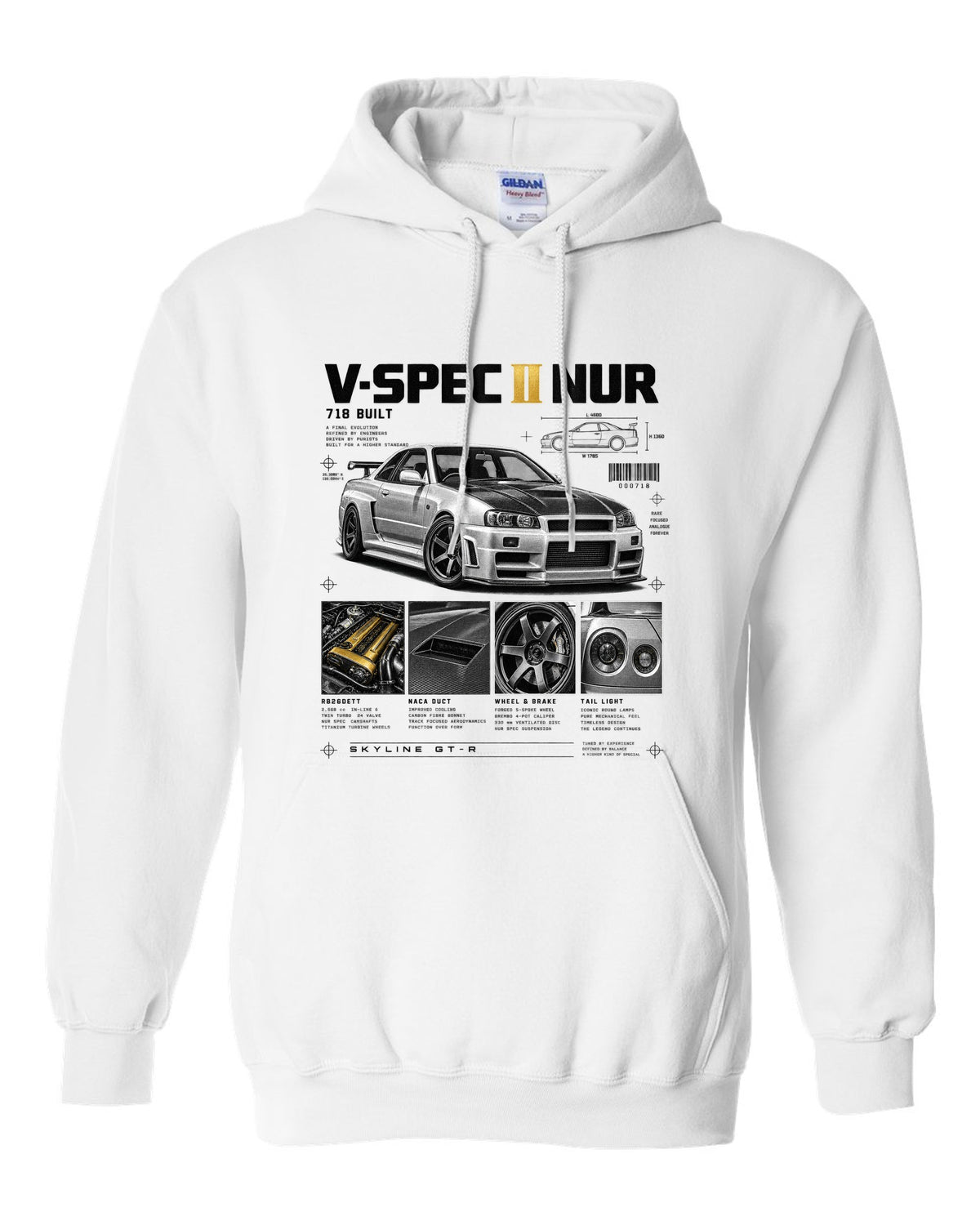Dossier panels of a Nissan Skyline GT-R R34 V-Spec II Nur with 718 built and gold cam covers lettering white pull over hoodie front view with the design