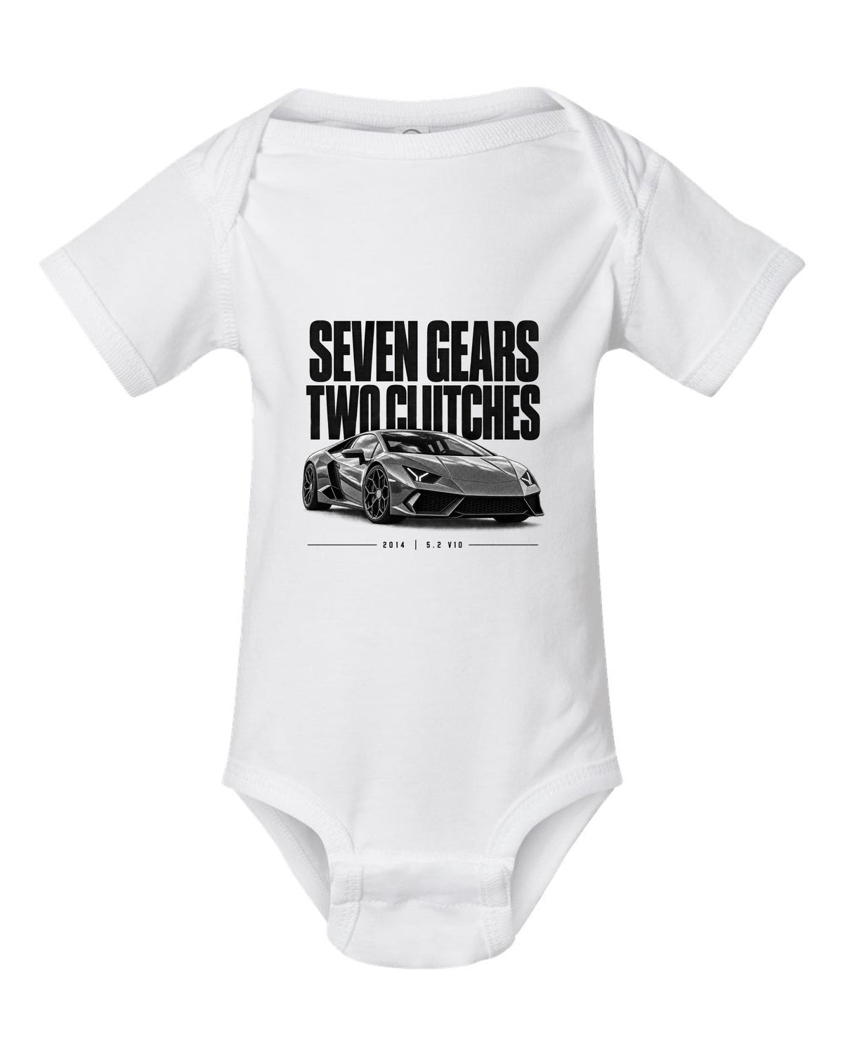 Halftone statement print of a Lamborghini Huracan LP610-4 with Seven Gears, Two Clutches text white baby onesie front view with the design