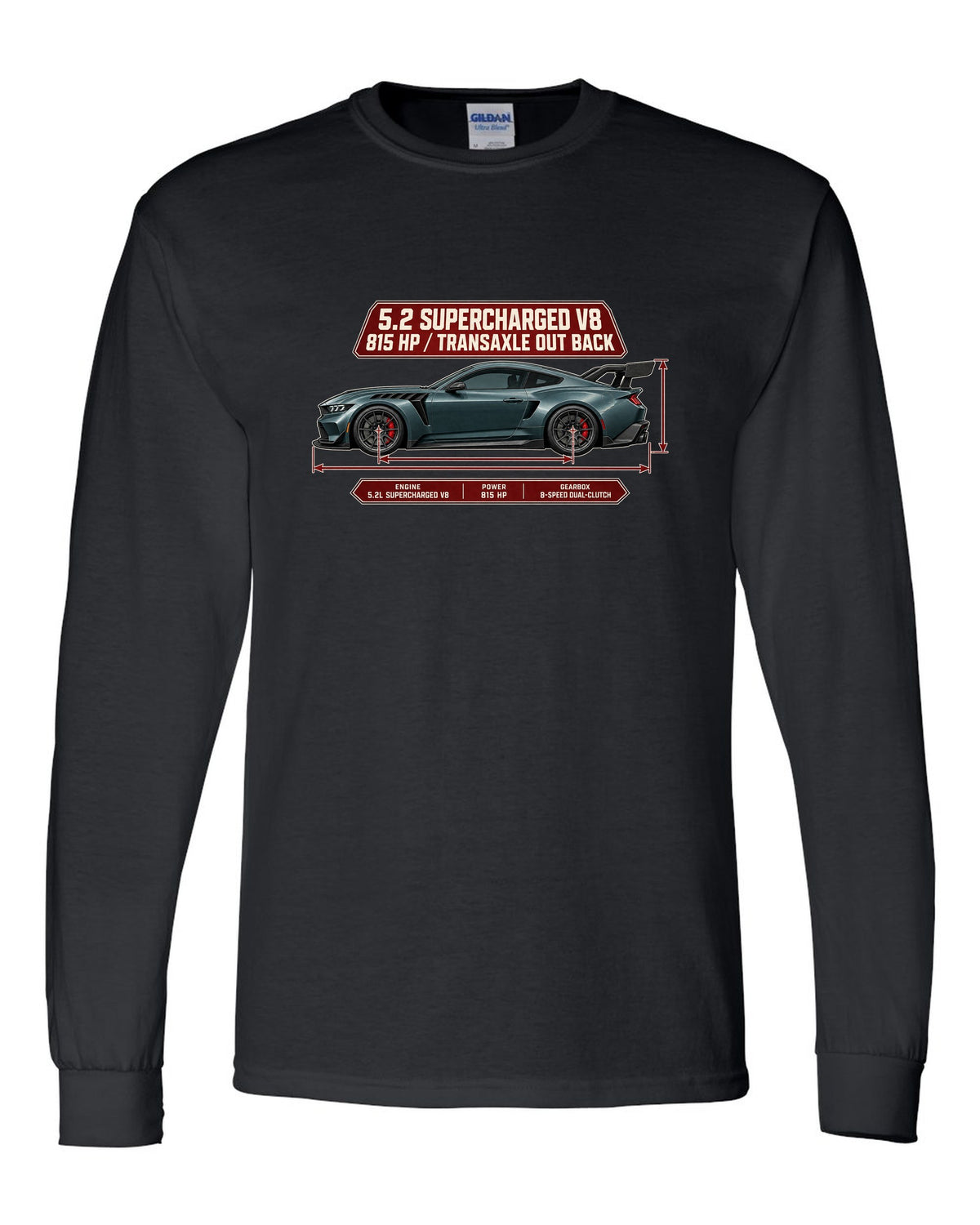 print of a Mustang GTD dimension blueprint with 5.2 supercharged V8 and 815 HP text black long sleeve front view with the design