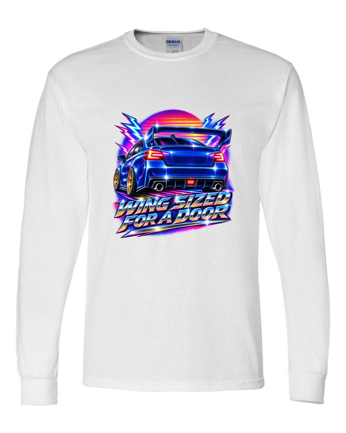Subaru WRX STI VAB rear in 80s airbrush chrome, WING SIZED / FOR A DOOR white long sleeve front view with the design