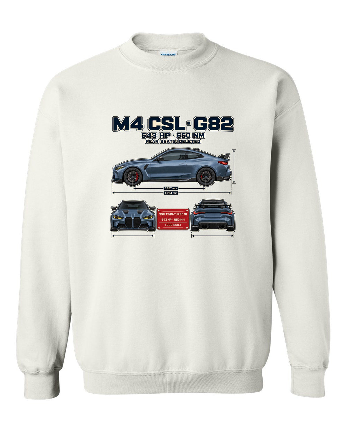 BMW M4 CSL G82 three-view spec table print white crewneck front view with the design
