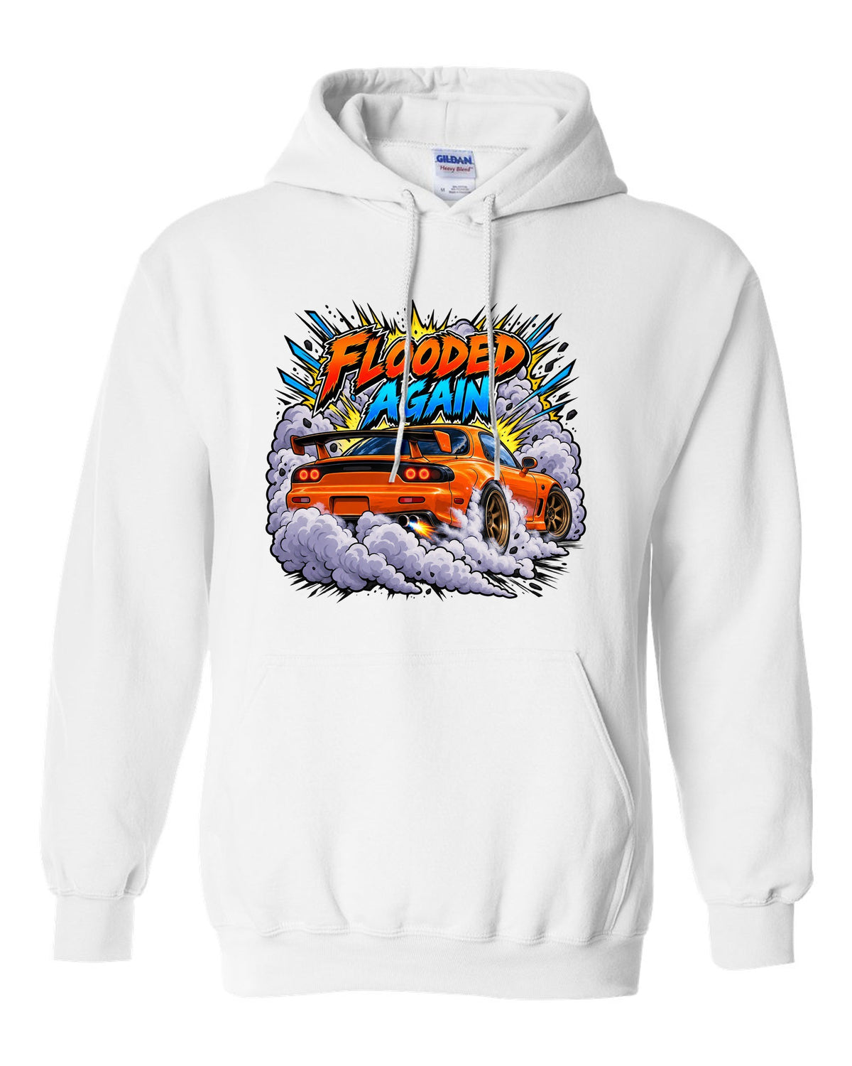 Comic-style Mazda RX-7 FD3S burnout with speed lines and smoke white pull over hoodie front view with the design