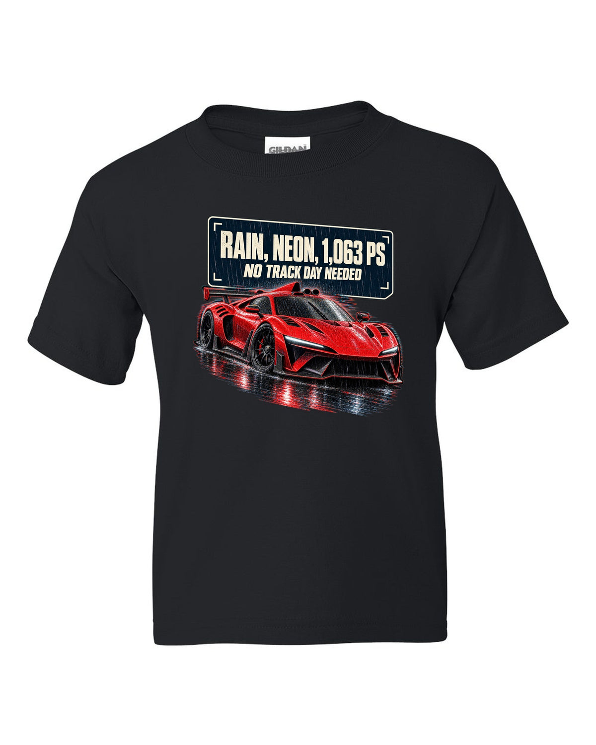 Mercedes-AMG One hypercar on a rainy neon night street black kids tee front view with the design