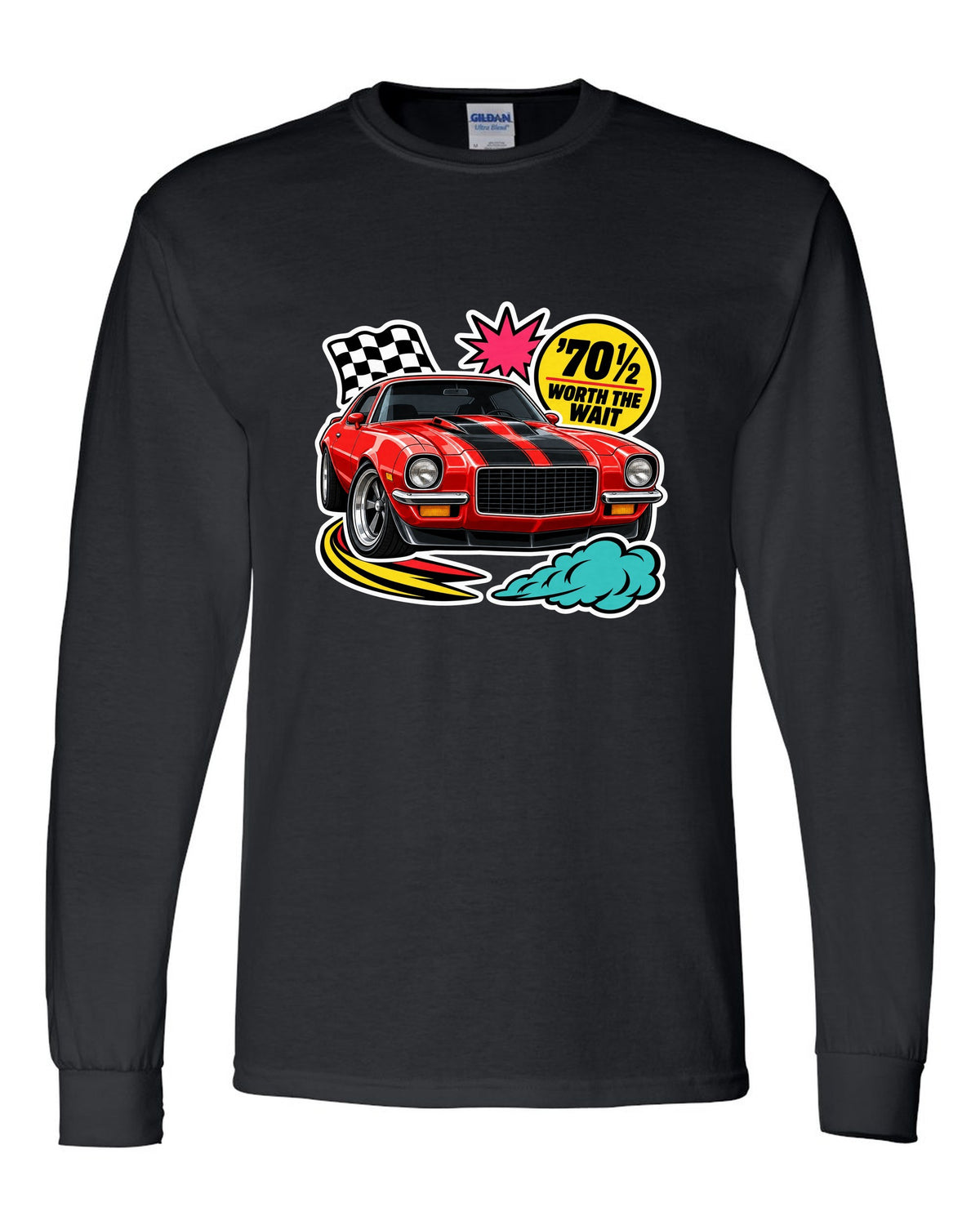 Sticker-bomb collage with die-cut edges of a 1970 Chevrolet Camaro Z28 black long sleeve front view with the design