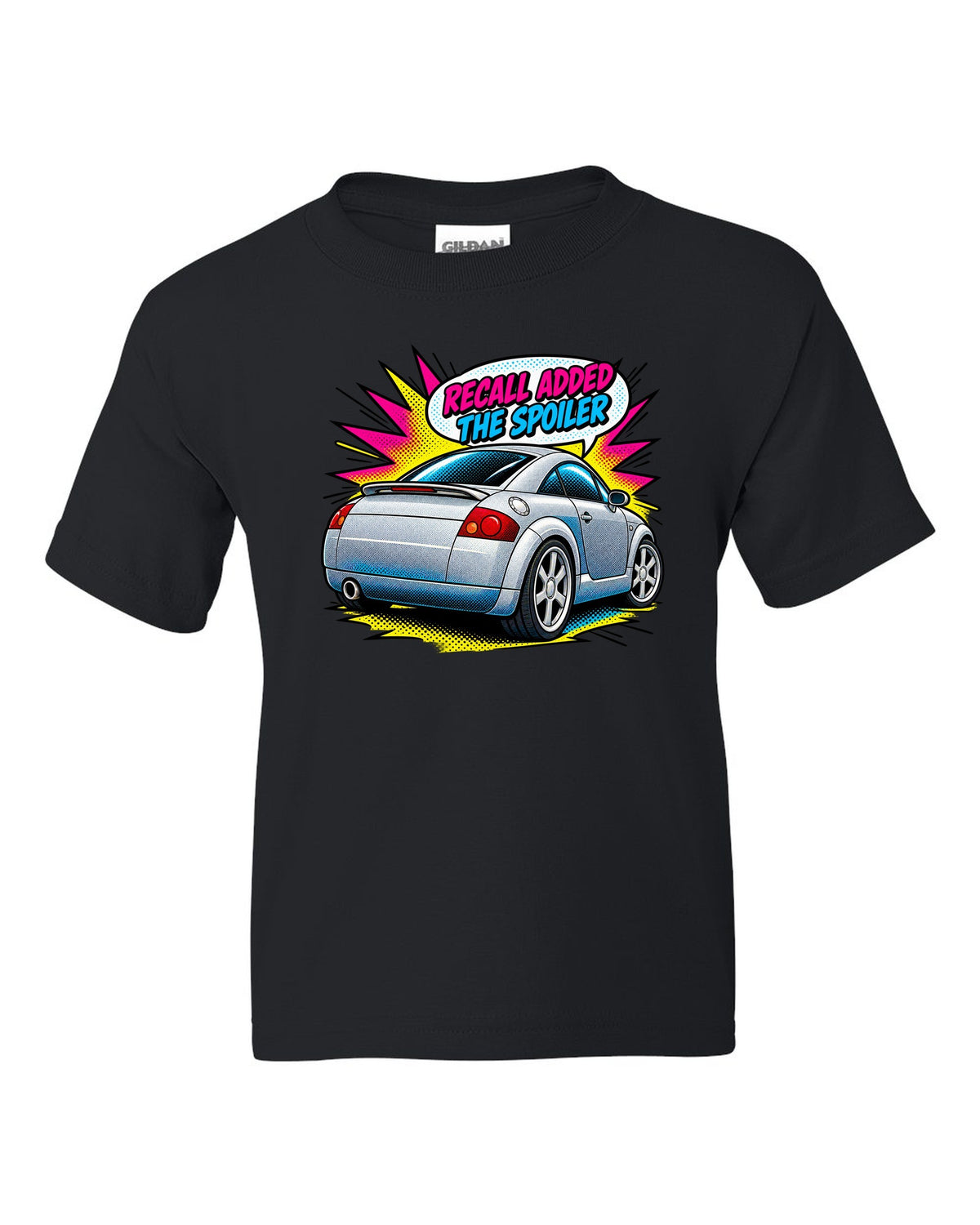 Comic halftone pop art print of an Audi TT Coupe 8N with spoiler recall caption black kids tee front view with the design