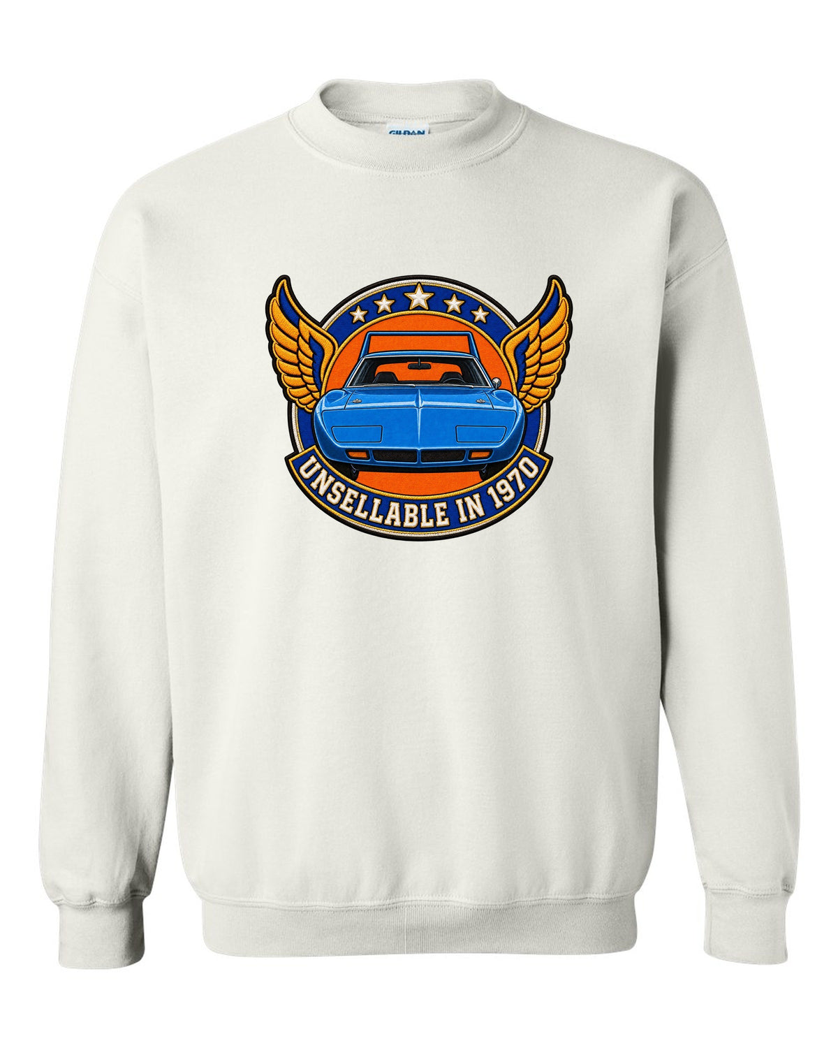Embroidery-style varsity crest for the 1970 Plymouth Superbird with unsellable in 1970 text white crewneck front view with the design