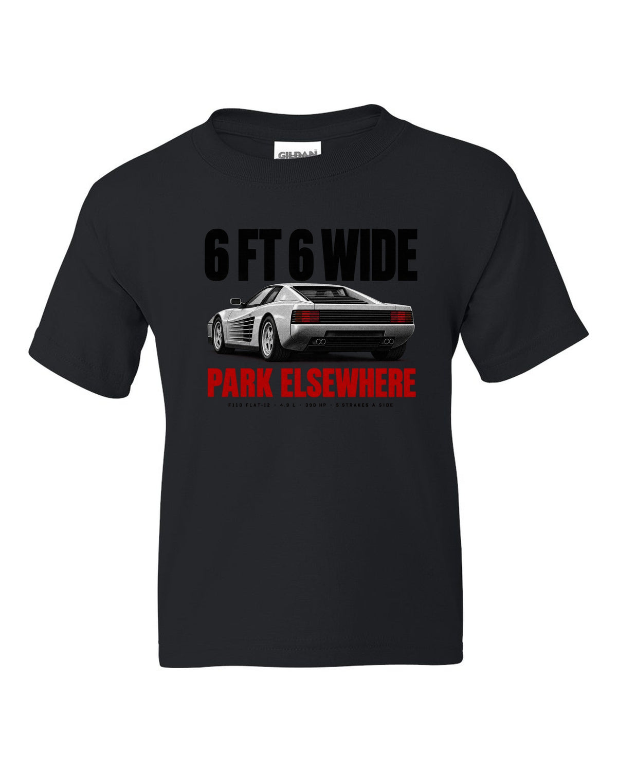 Ferrari Testarossa F110 1984 halftone print, 6 ft 6 wide, park elsewhere black kids tee front view with the design
