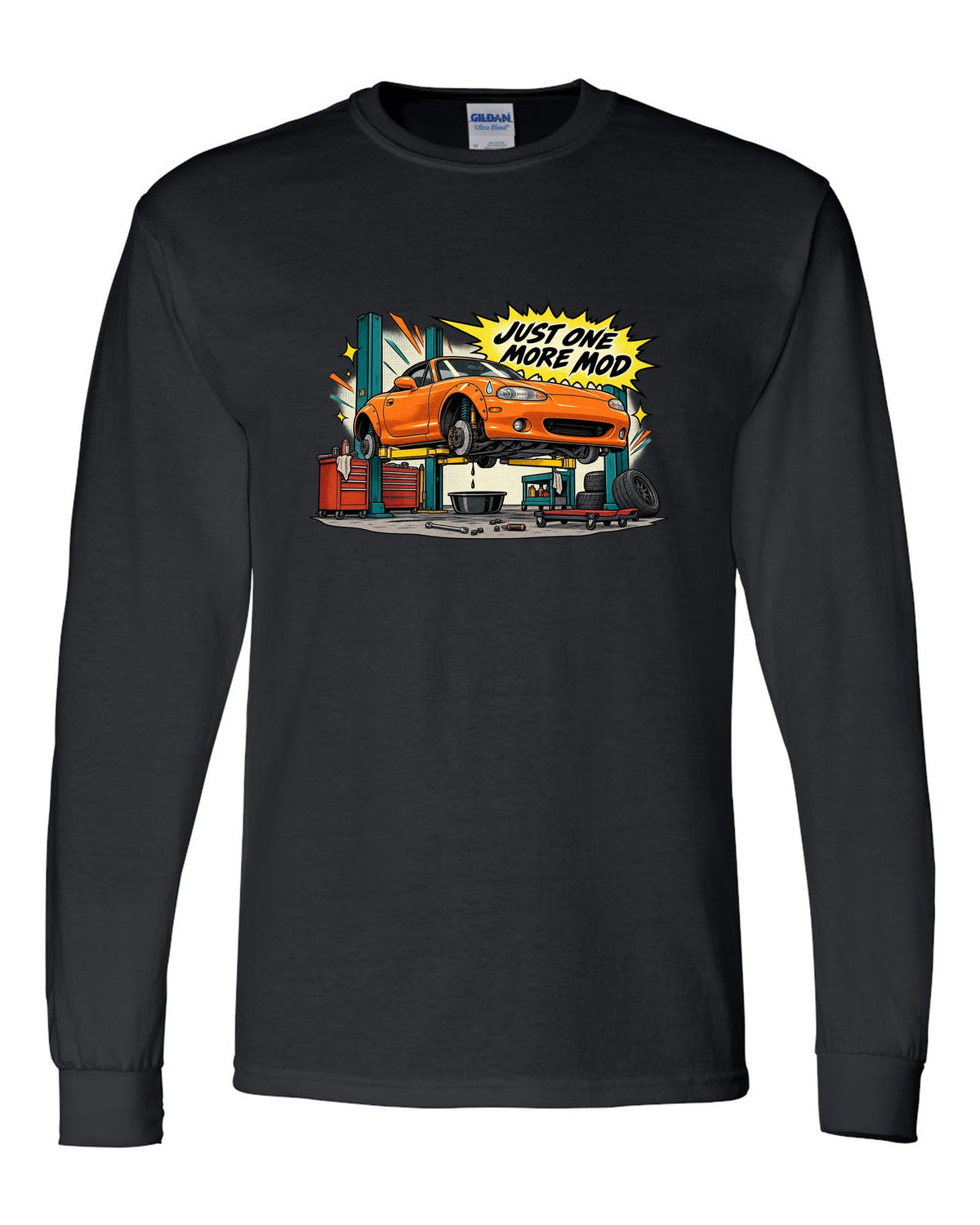 Retro manga halftone panel print of a Mazda MX-5 NB in a workshop with the text Just One More Mod black long sleeve front view with the design