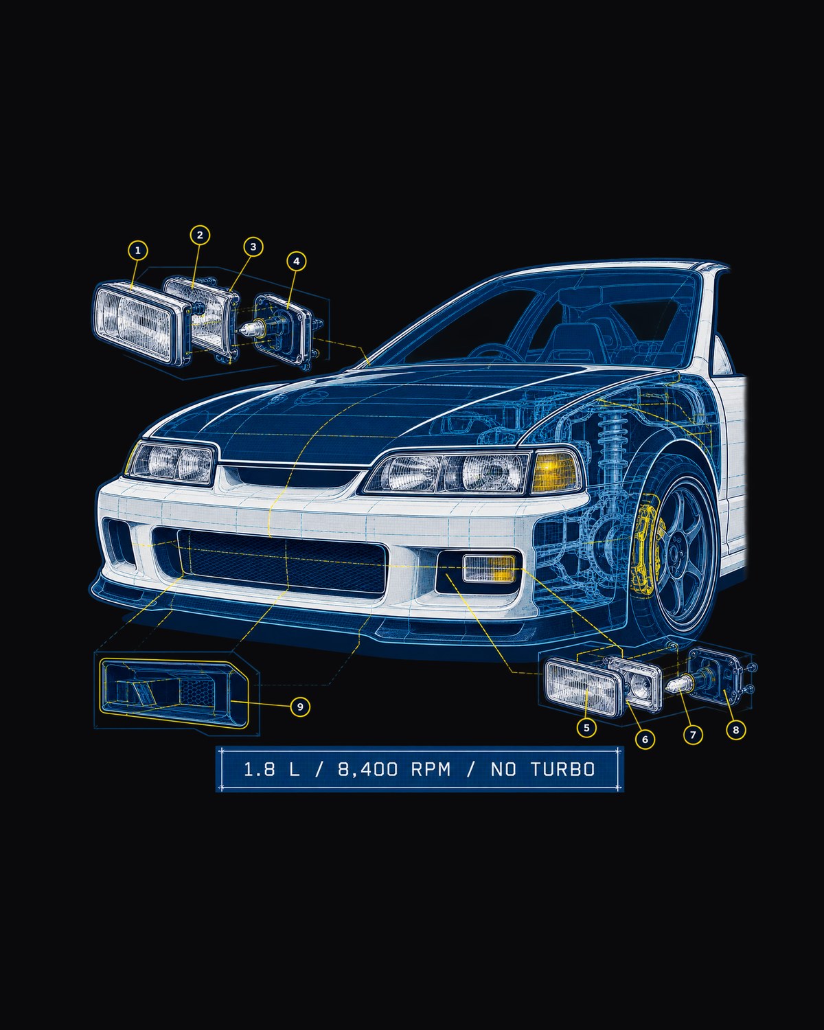 Honda Integra Type R DC2 B18C Blueprint Shirt, 8,400 RPM design only