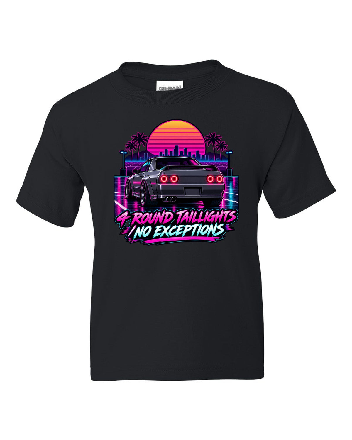 Neon synthwave print of a Nissan Skyline GT-R R32 BNR32 rear with four round taillights black kids tee front view with the design