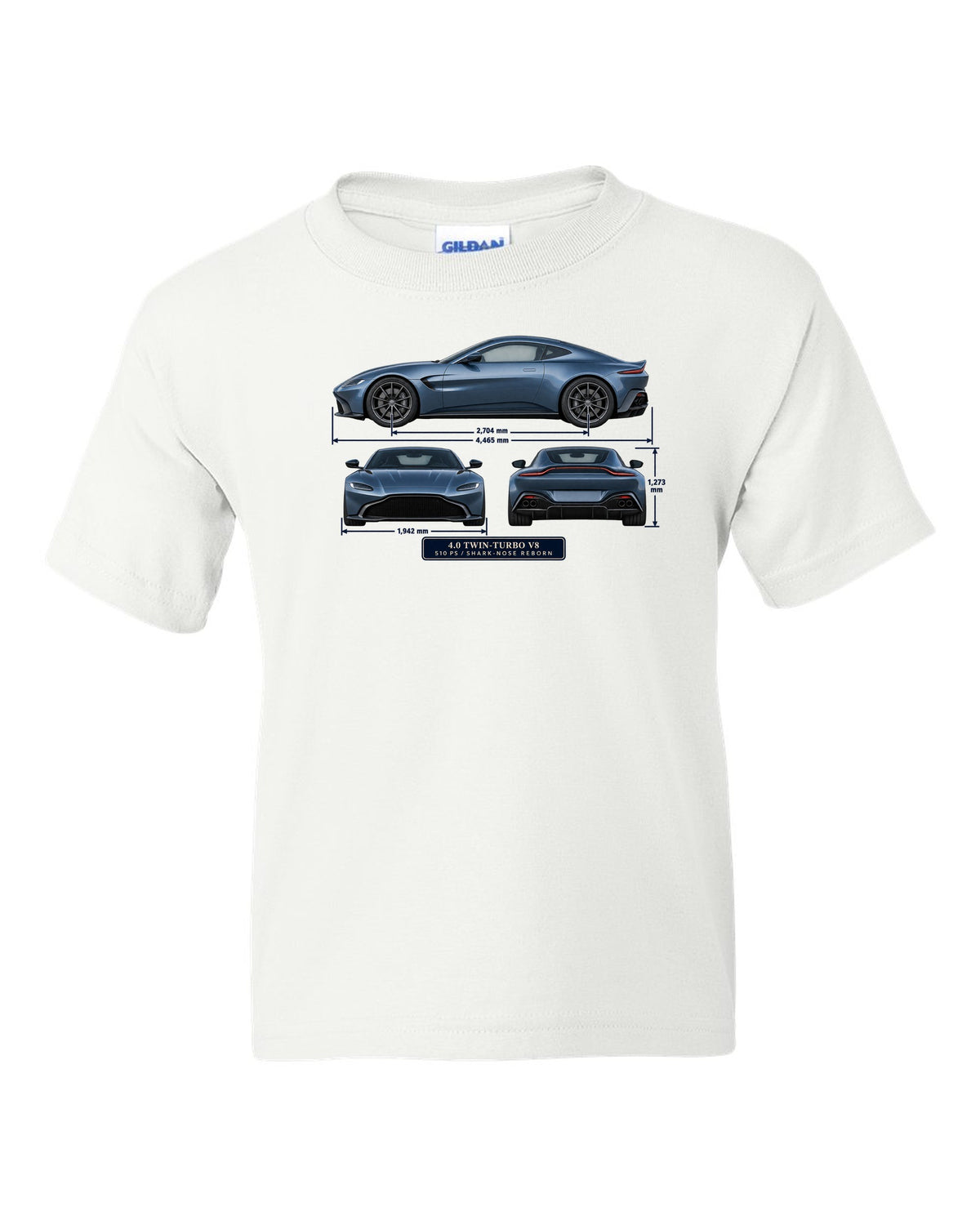 Aston Martin Vantage 2018 three-view print with 4.0 twin-turbo V8 510 PS spec table white kids tee front view with the design