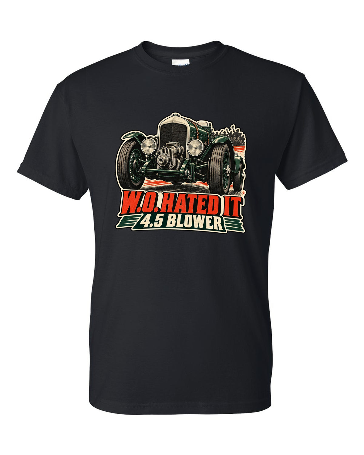 Vintage race poster style print of the 1929 Bentley 4.5 Litre Blower with W.O. lettering black t-shirt front view with the design
