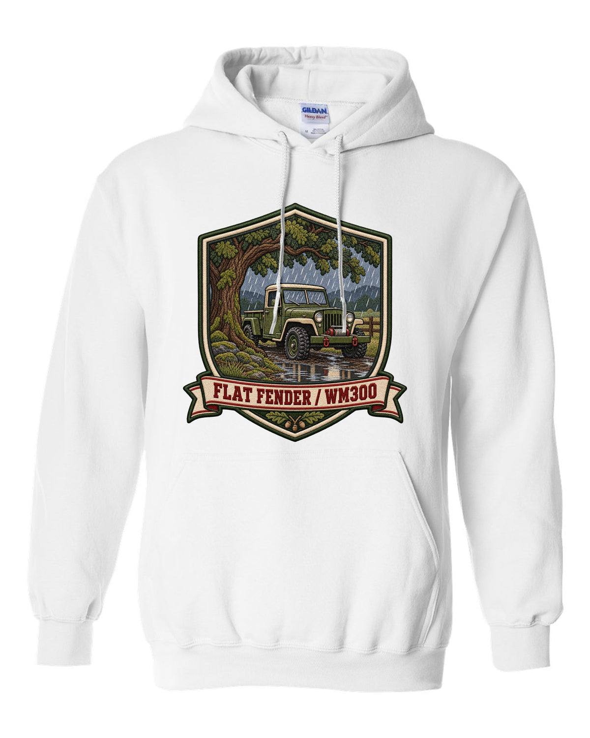 Varsity-style embroidered crest print of a Dodge Power Wagon WM300 flat fender white pull over hoodie front view with the design