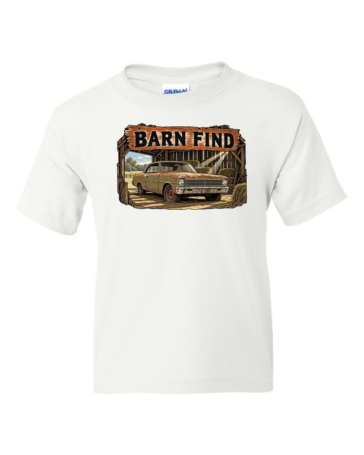 Retro manga halftone print of a 1966 Chevrolet Nova Chevy II with the text Barn Find white kids tee front view with the design