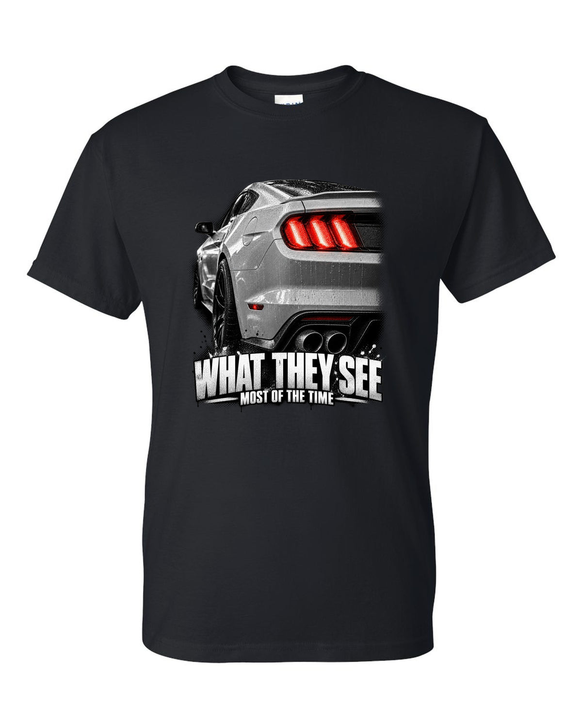 Macro print of a 2015-17 Ford Mustang S550 GT taillight black t-shirt front view with the design