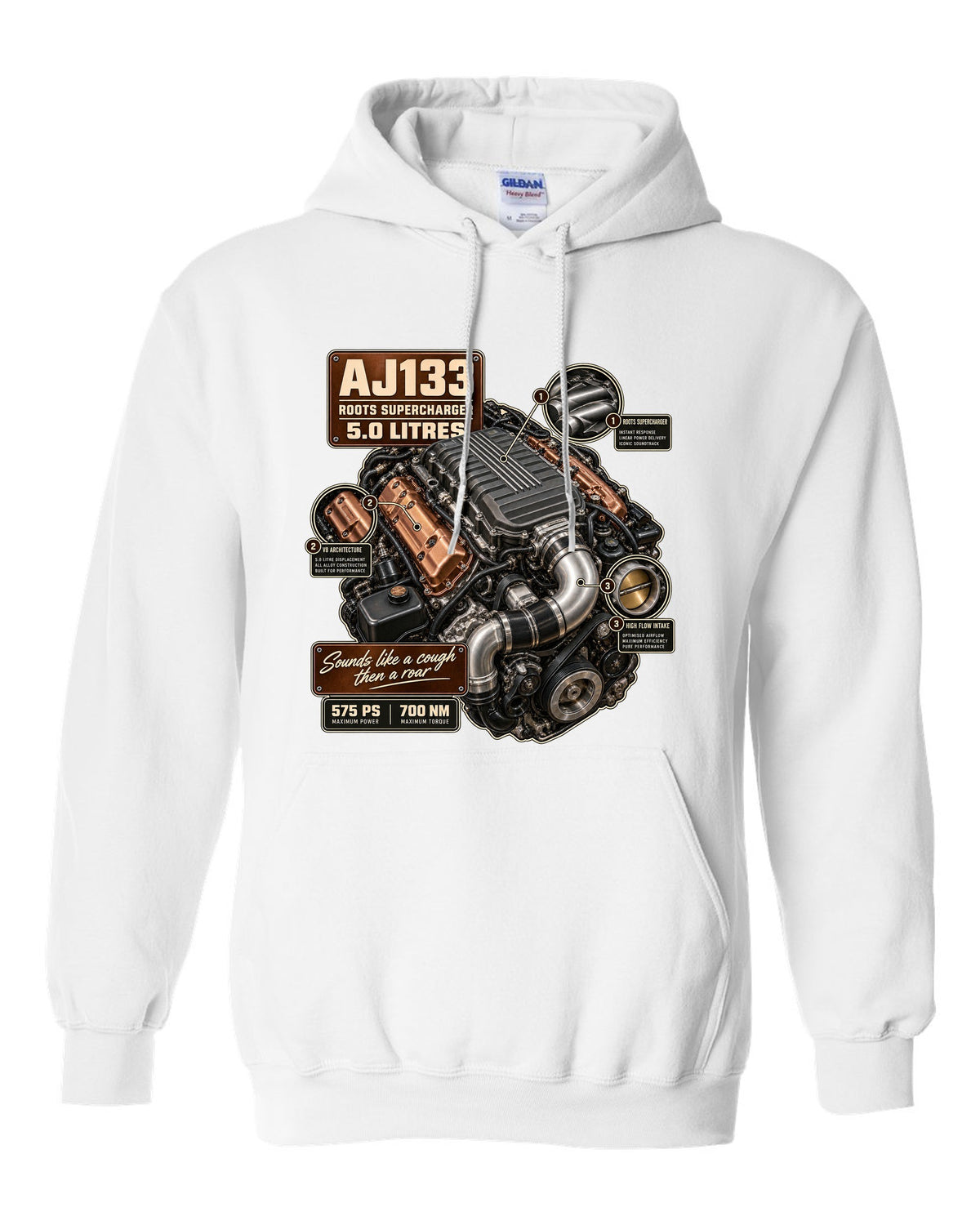 Engine hero print of the Jaguar F-Type R and SVR AJ133 supercharged 5.0 litre V8 white pull over hoodie front view with the design