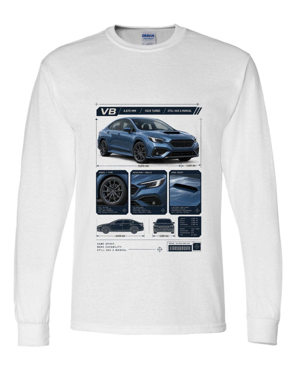 Dossier-style panel layout of a Subaru WRX VB sedan with GT and TR detail panels white long sleeve front view with the design
