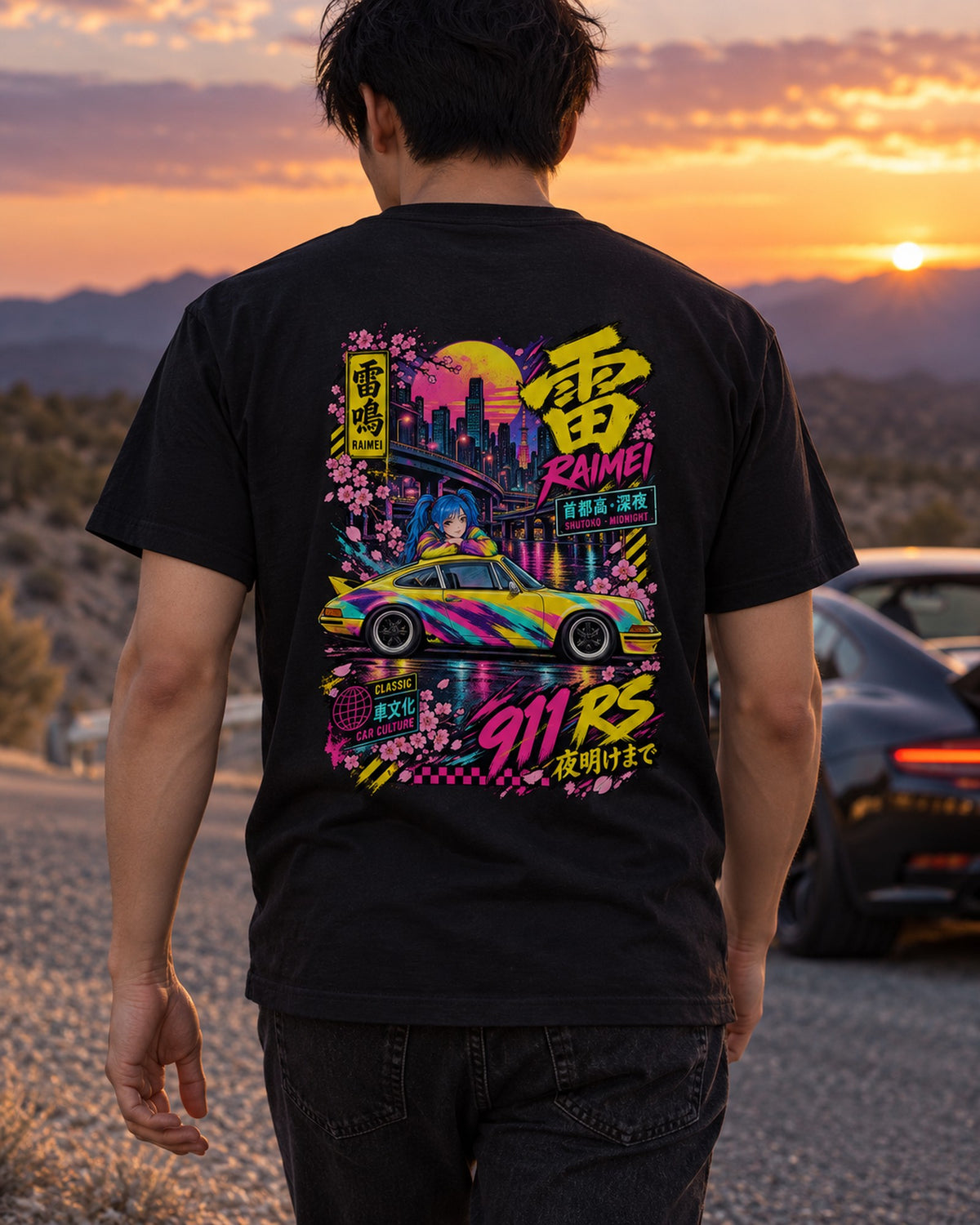 RAIMEI 911 RS Anime Girl Full-Back Graphic Tee T-Shirt Black worn hero