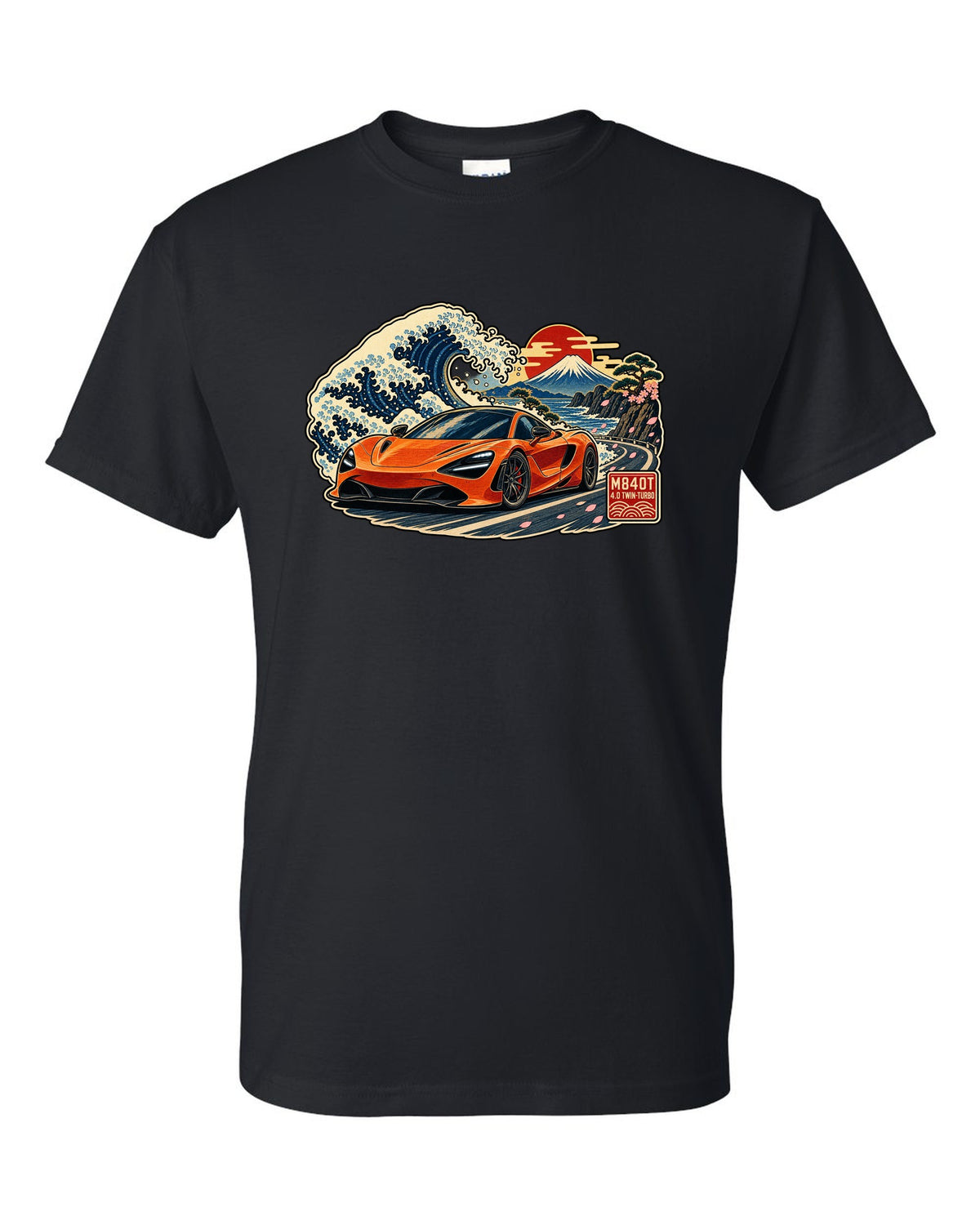 Ukiyo-e woodblock wave print of a McLaren 720S with M840T and 4.0 Twin-Turbo lettering black t-shirt front view with the design