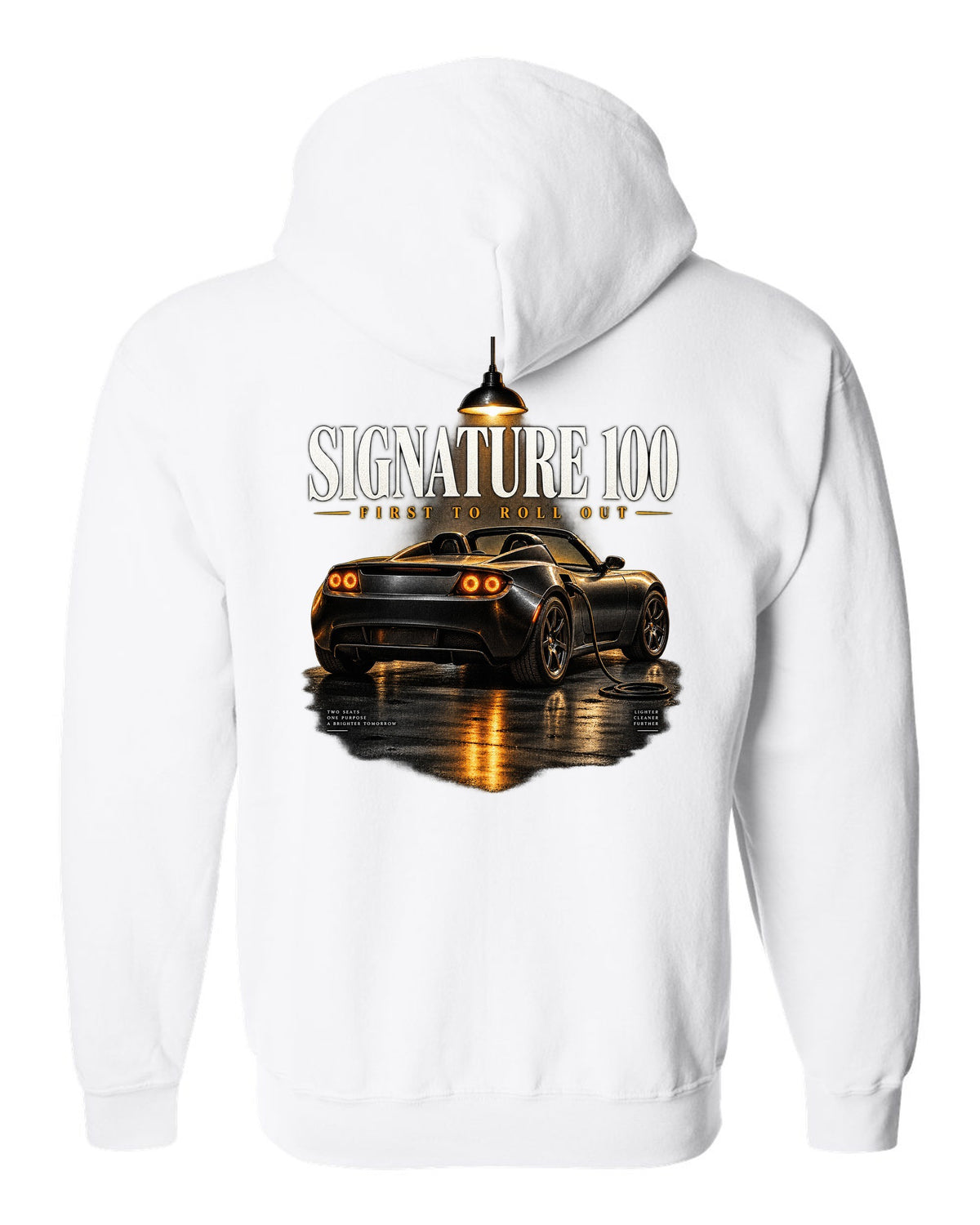 Tesla Roadster Gen 1 Signature 2008 in a night garage with the text Signature 100 first to roll out white zip hoodie back view with the design