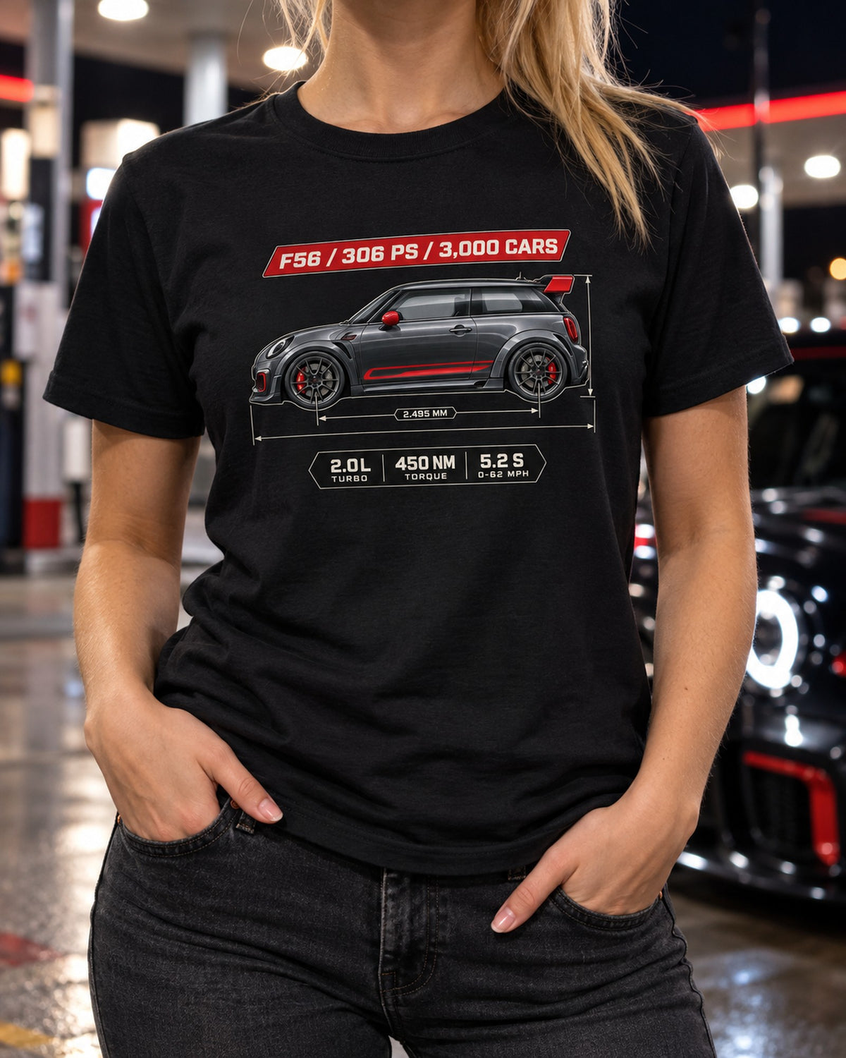Mini JCW GP F56 2020 Blueprint Shirt, 3,000 Cars, 306 PS T-Shirt Black worn hero