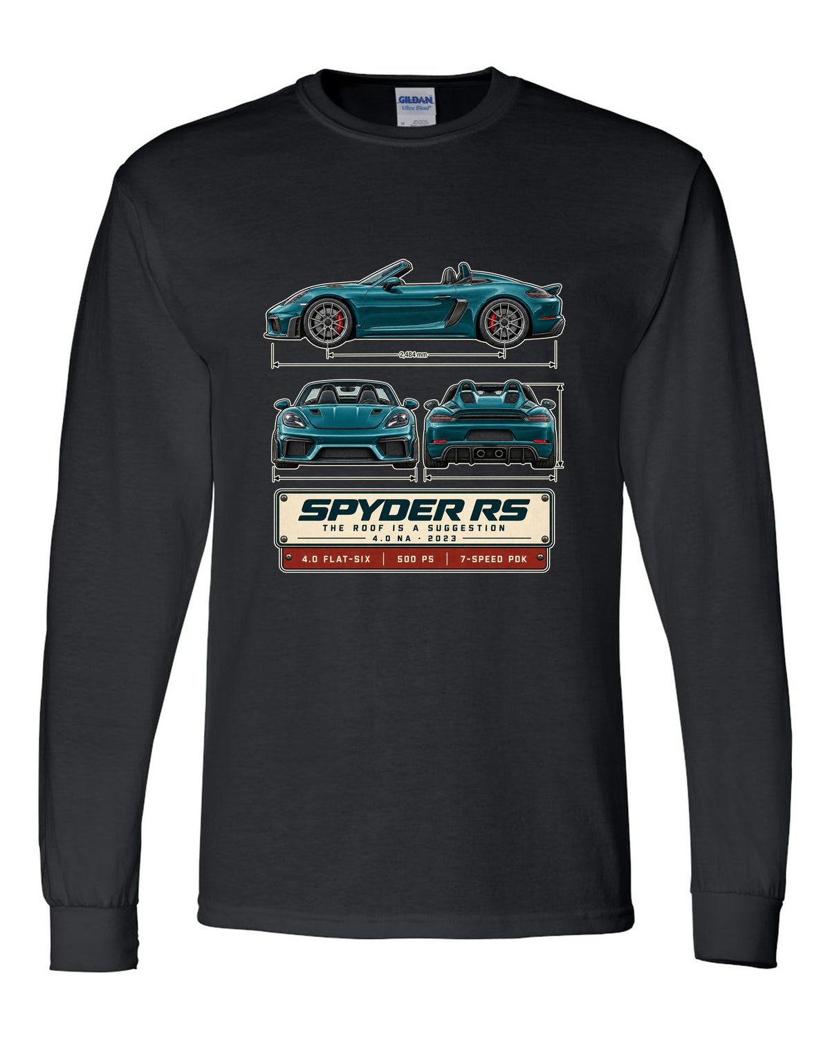 Three-view spec print of a Porsche 718 Spyder RS 982 black long sleeve front view with the design