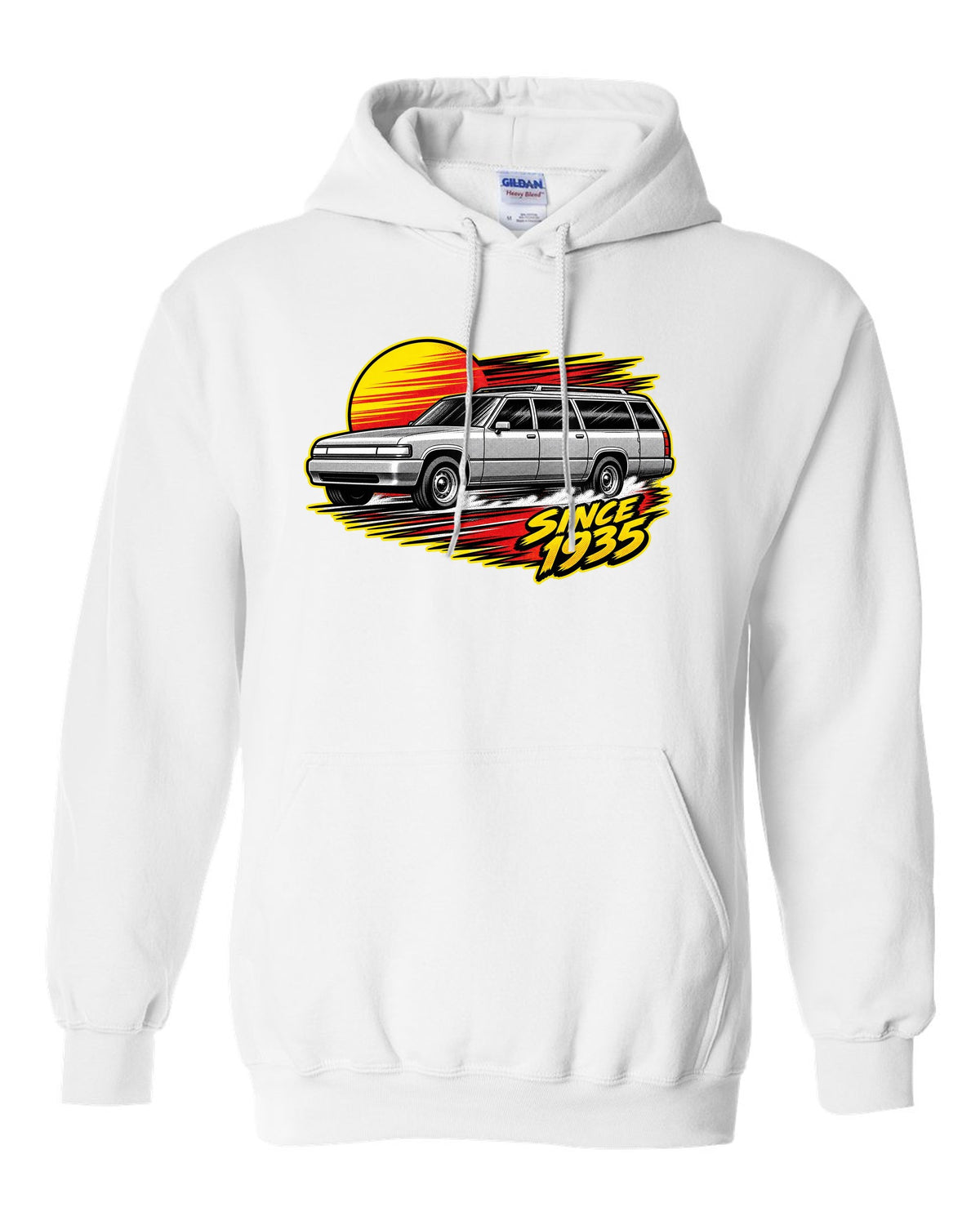 Retro manga halftone panel print of a 1992-1999 Chevrolet Suburban GMT400 with Since 1935 text white pull over hoodie front view with the design