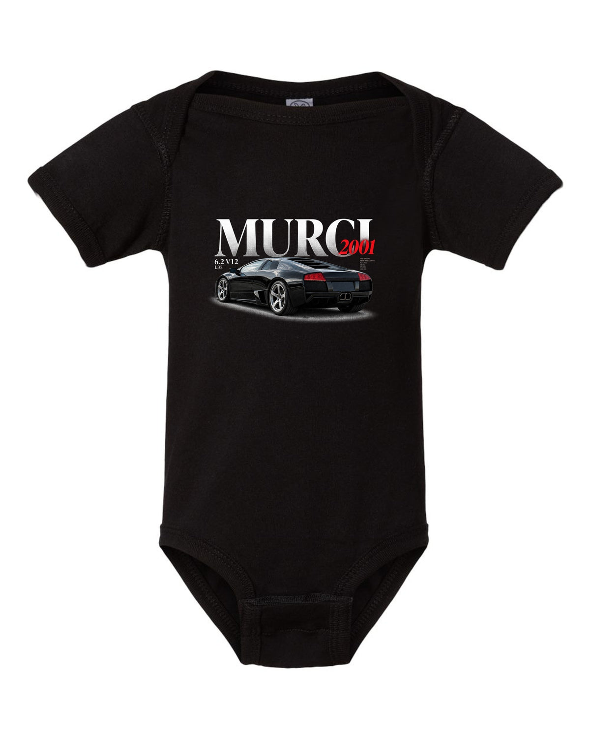 Editorial style print of a Lamborghini Murcielago L537 with 6.2 V12 and 2001 text black baby onesie front view with the design