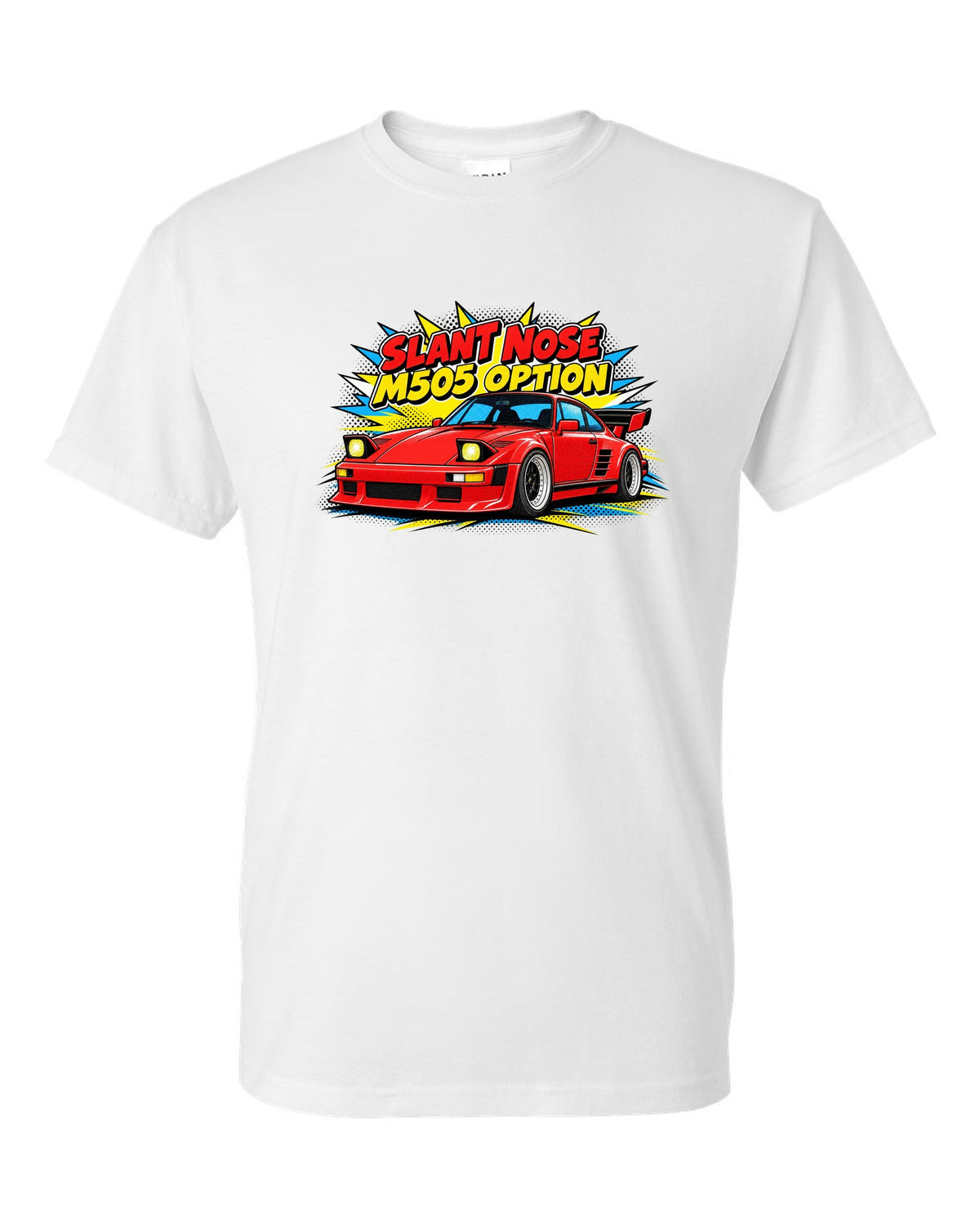 Porsche 930 Slant Nose pop-art halftone design with M505 option lettering white t-shirt front view with the design