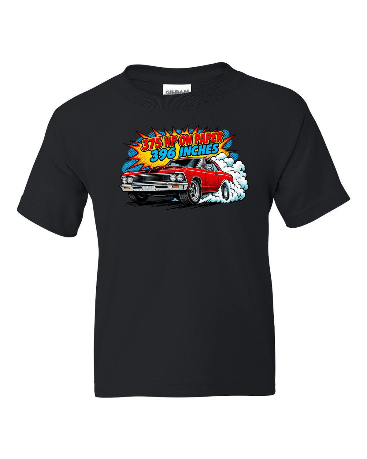 Comic halftone print of a 1966 Chevelle Malibu SS burnout with the text 375 HP on paper, 396 inches black kids tee front view with the design