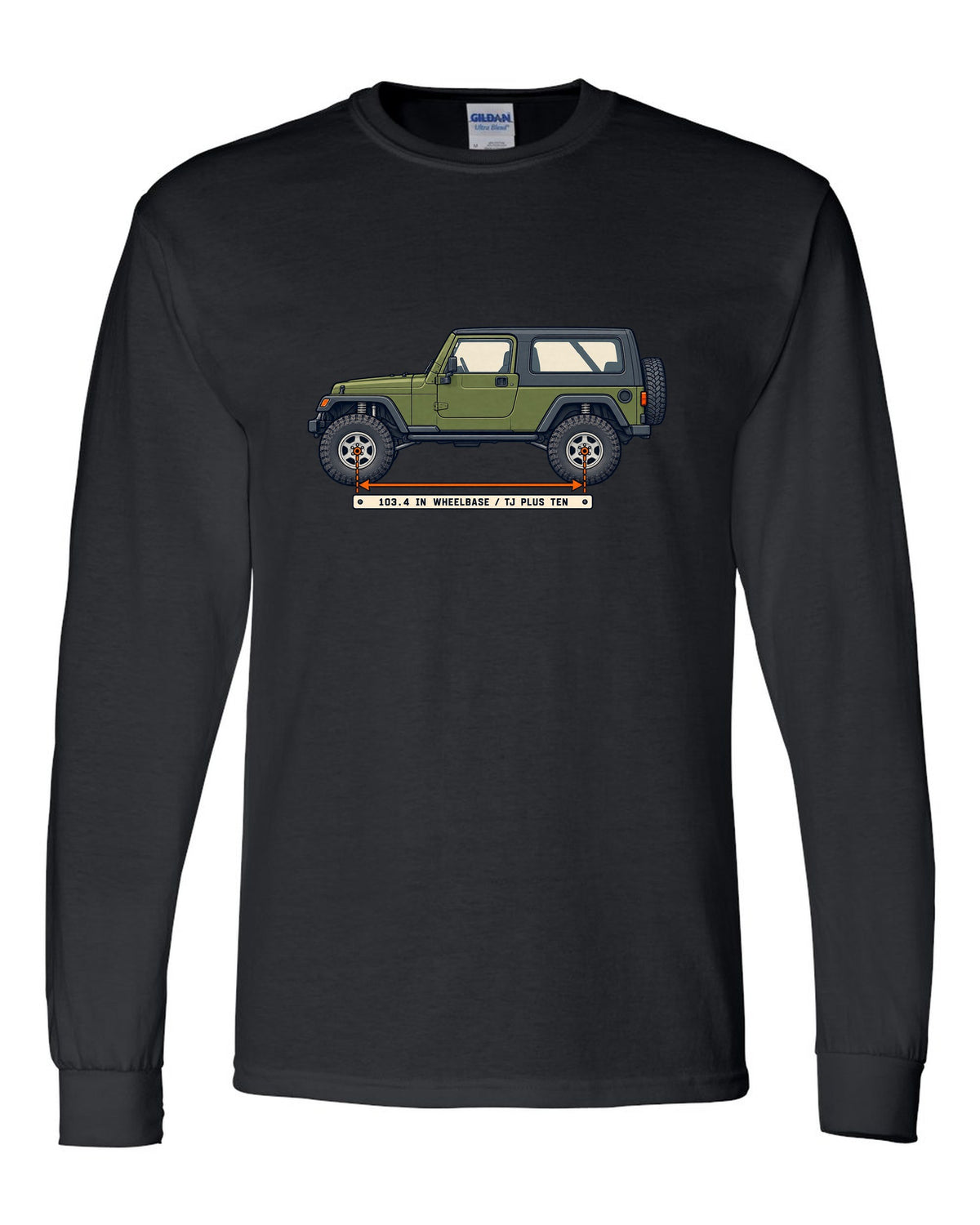 Patent-style line drawing of a Jeep Wrangler LJ Unlimited with 103.4 IN WHEELBASE TJ PLUS TEN lettering black long sleeve front view with the design