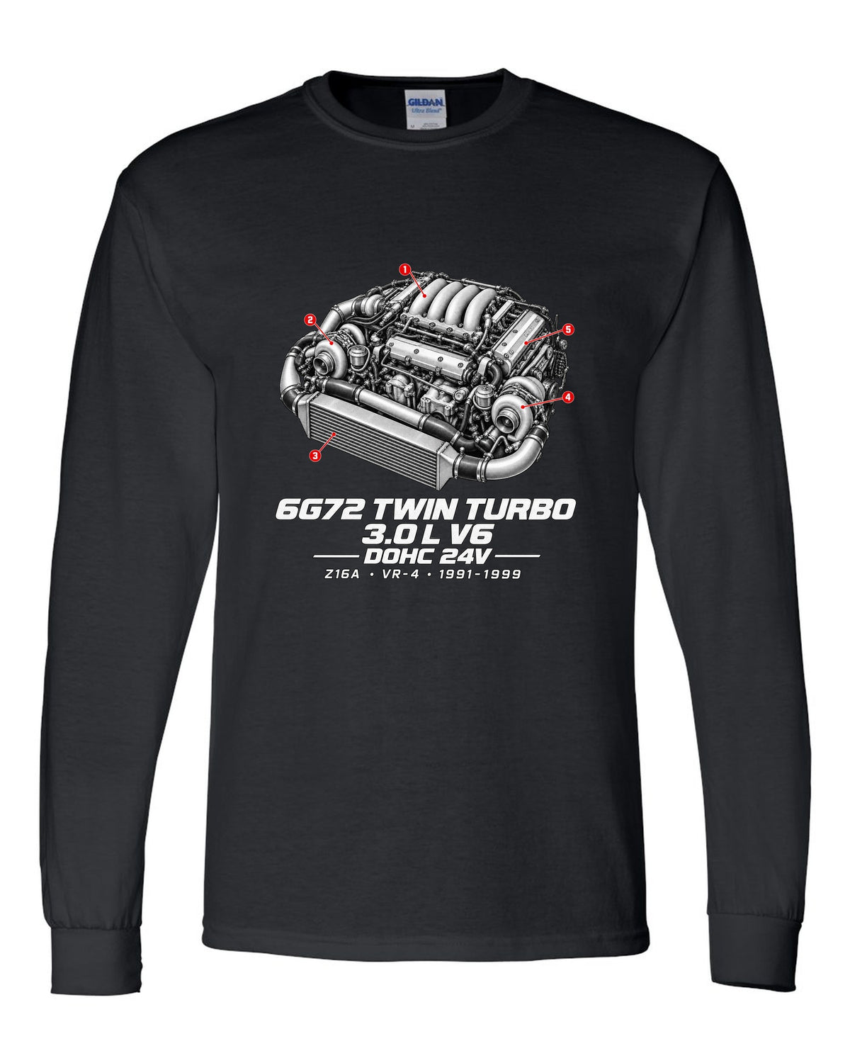 Mitsubishi 3000GT VR-4 Z16A engine bay with 6G72 twin turbo V6 specs black long sleeve front view with the design