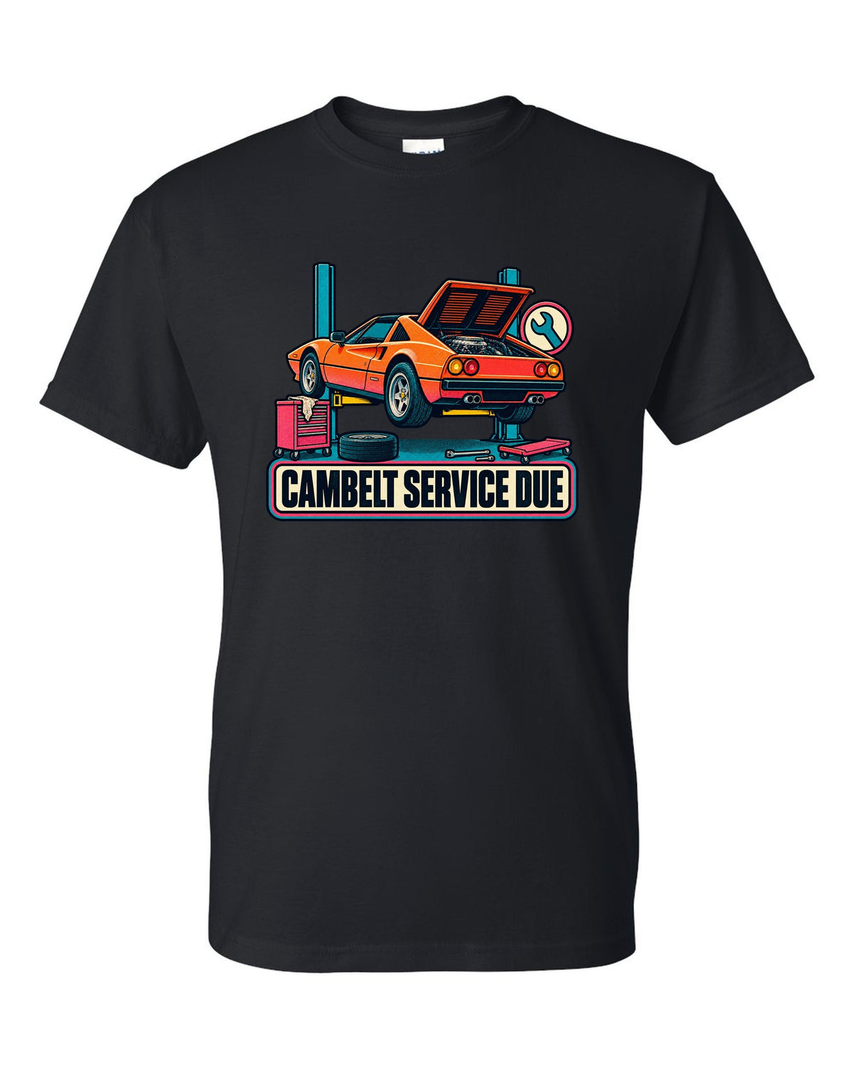 Risograph two-colour halftone print of a Ferrari 308 GTS with the text cambelt service due black t-shirt front view with the design