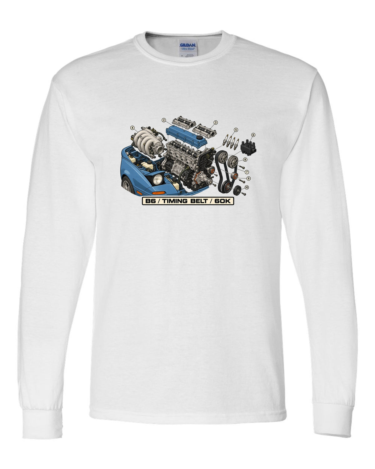 Exploded engine diagram print of a Mazda MX-5 NA B6 1.6L with timing belt 60K text white long sleeve front view with the design