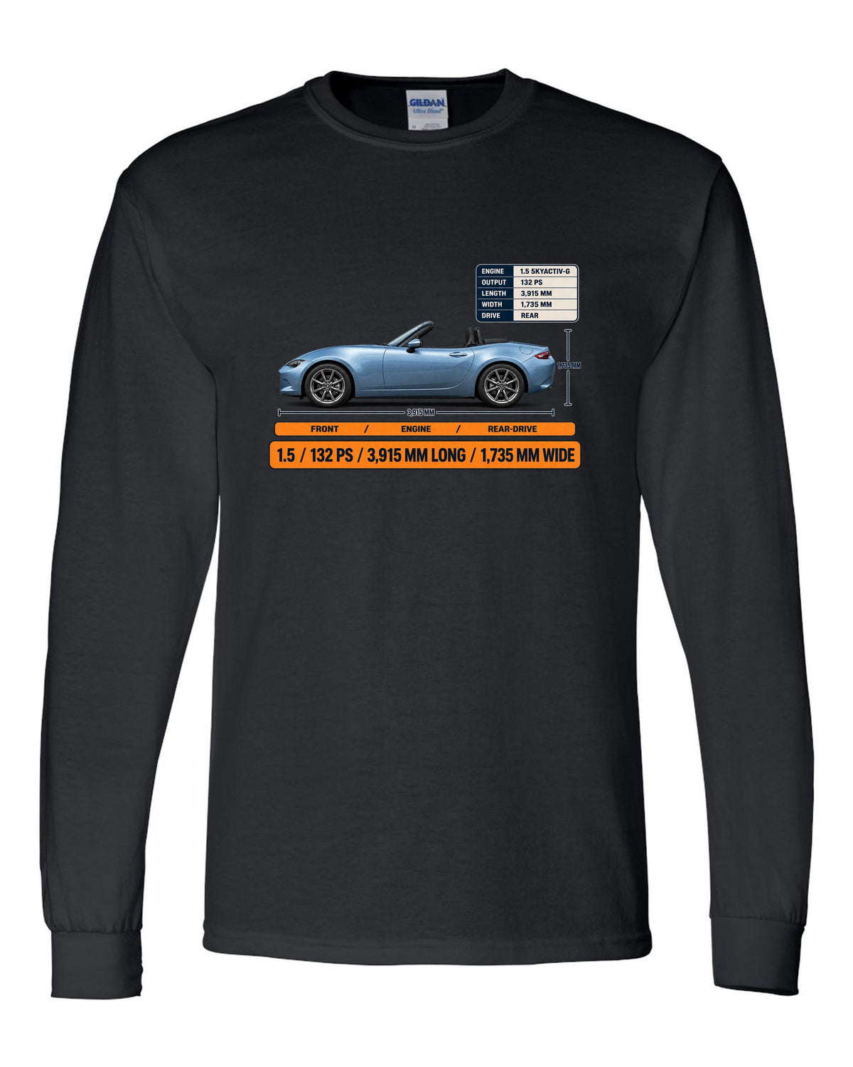 Mazda MX-5 ND 1.5 SKYACTIV-G spec poster print showing power and dimensions black long sleeve front view with the design