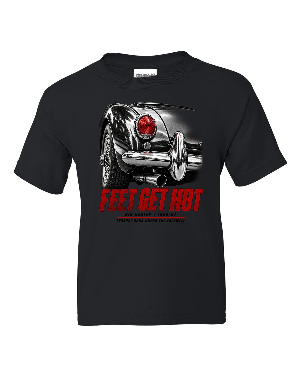 print of the rear taillight of a 1966 Austin-Healey 3000 Mk III BJ8 with hot feet lettering black kids tee front view with the design