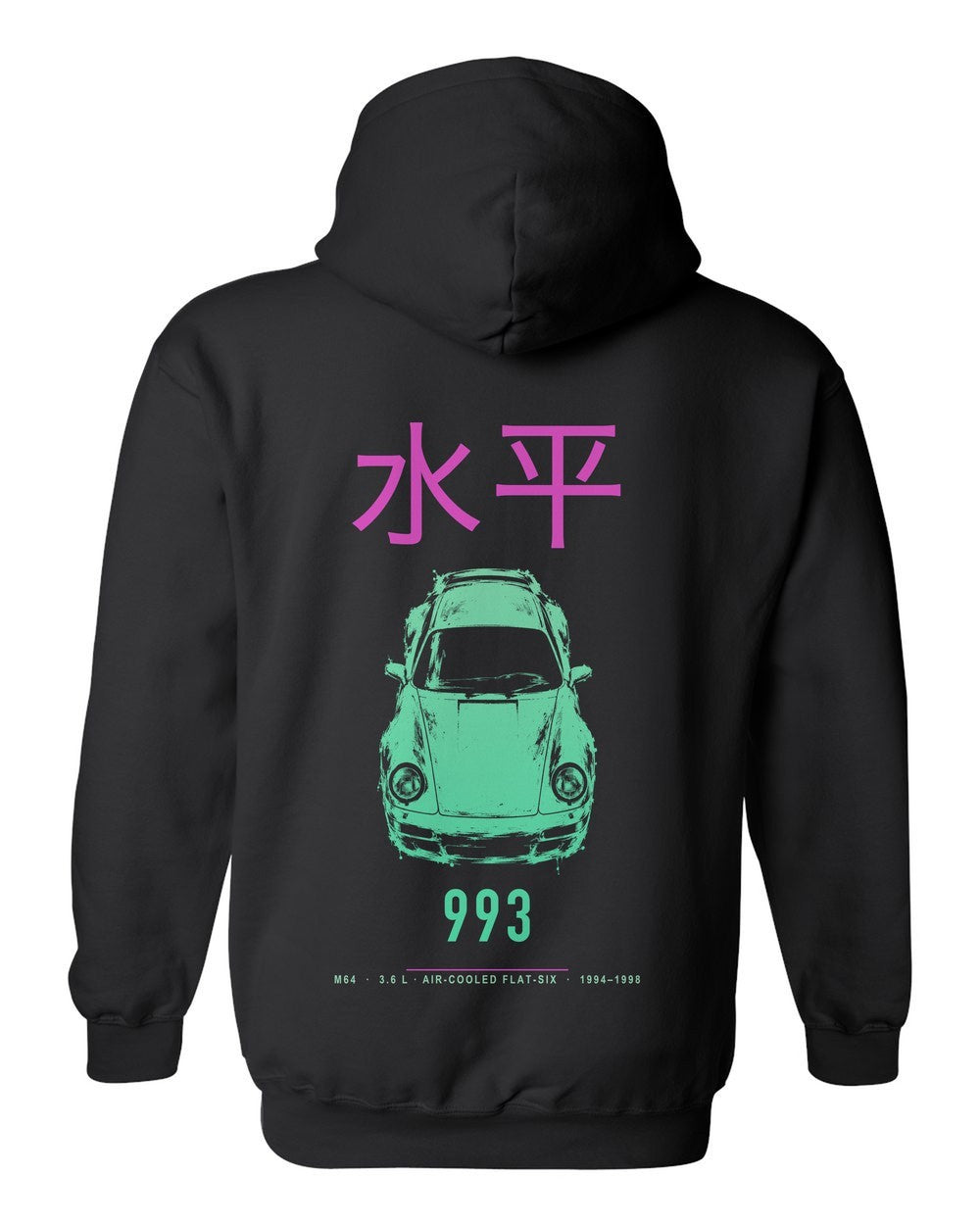993 full-back artwork black pull over hoodie back view with the design