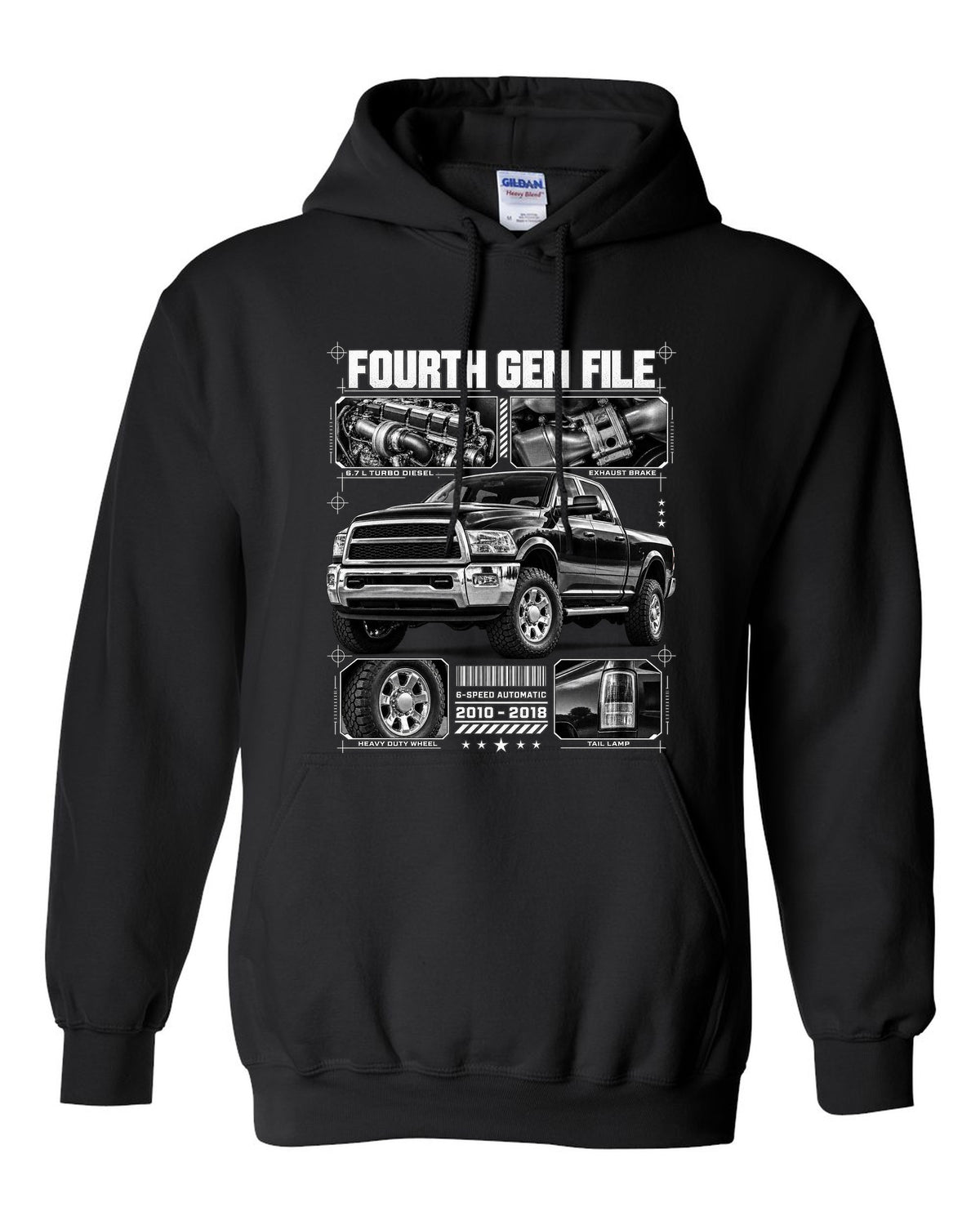 Blueprint dossier print of a 2010-2018 Ram 2500 fourth generation turbo diesel pickup black pull over hoodie front view with the design