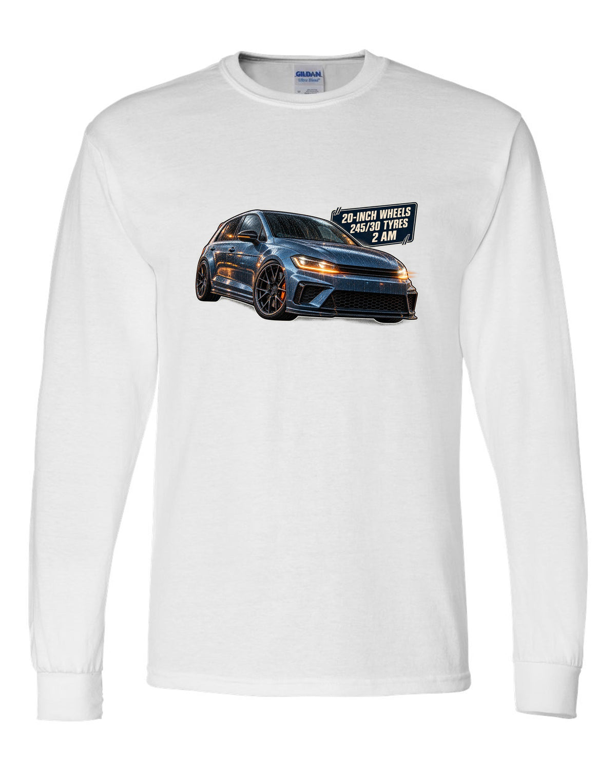 print of a Boost Blue Honda Civic Type R FK8 on a night touge road white long sleeve front view with the design